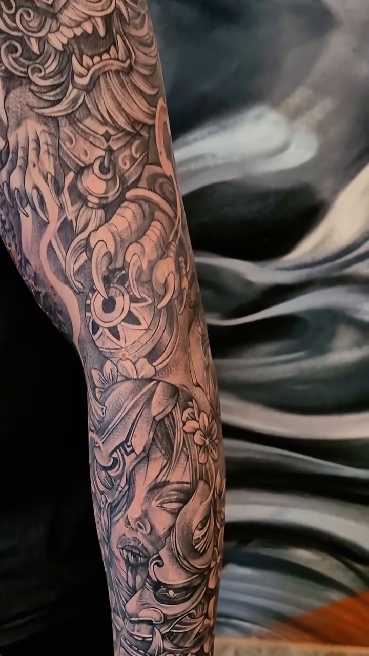 Dragon and Hannya mask sleeve Japanese tattoo on the upper arm by Тату Херсон _ Kherson tattoo, Kherson