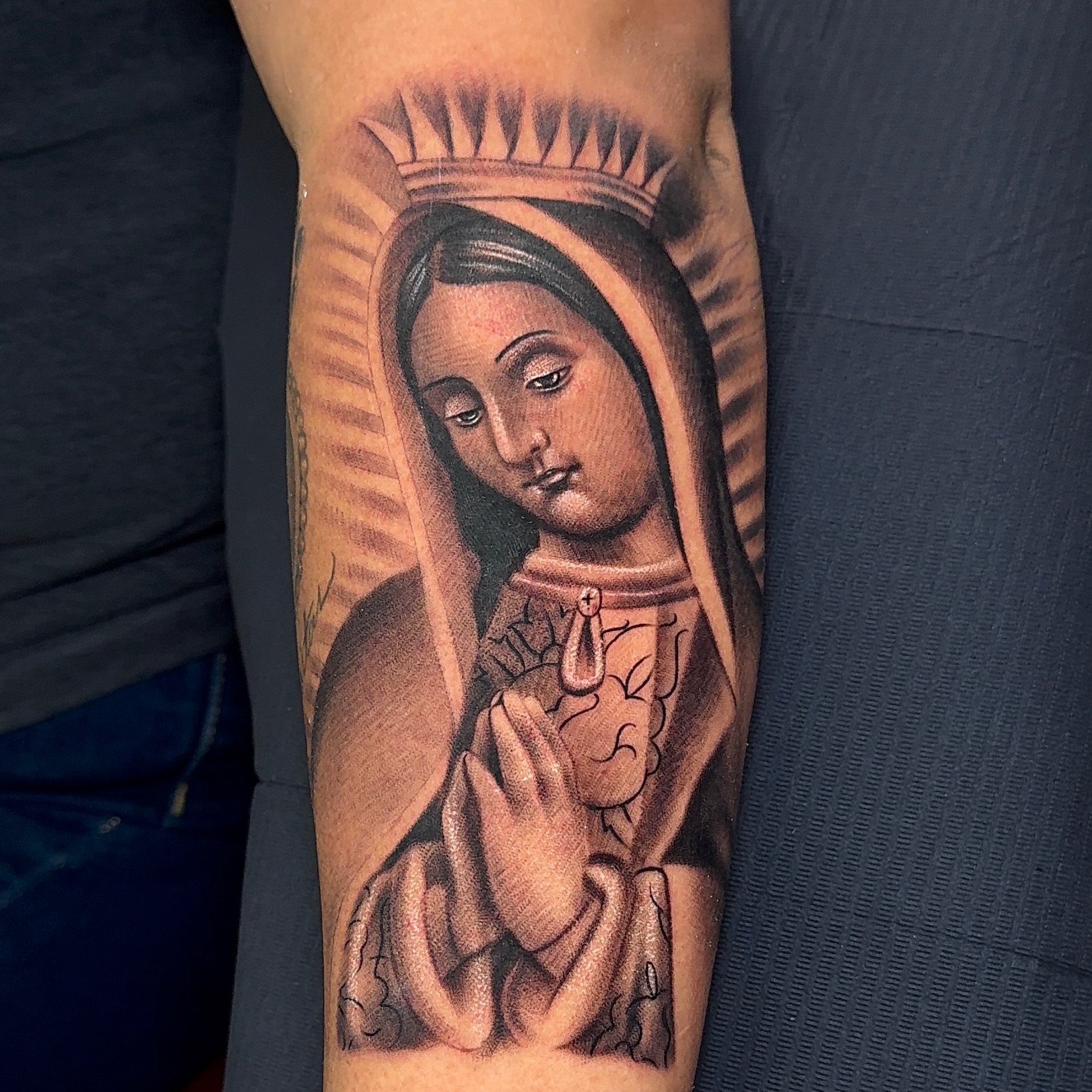 Religious figure realism tattoo on the forearm by Dallas tattoo artist, Dallas, Texas
