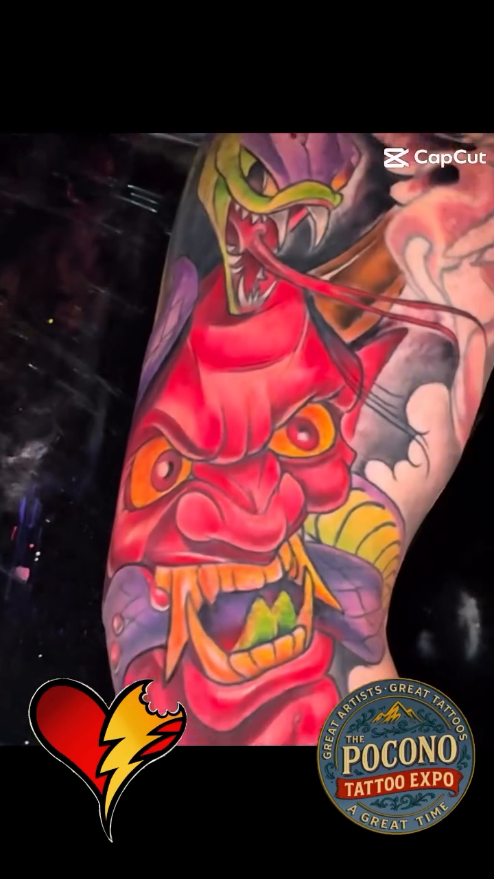 Demon mask japanese irezumi tattoo by Joe Capobianco, New Haven, Connecticut