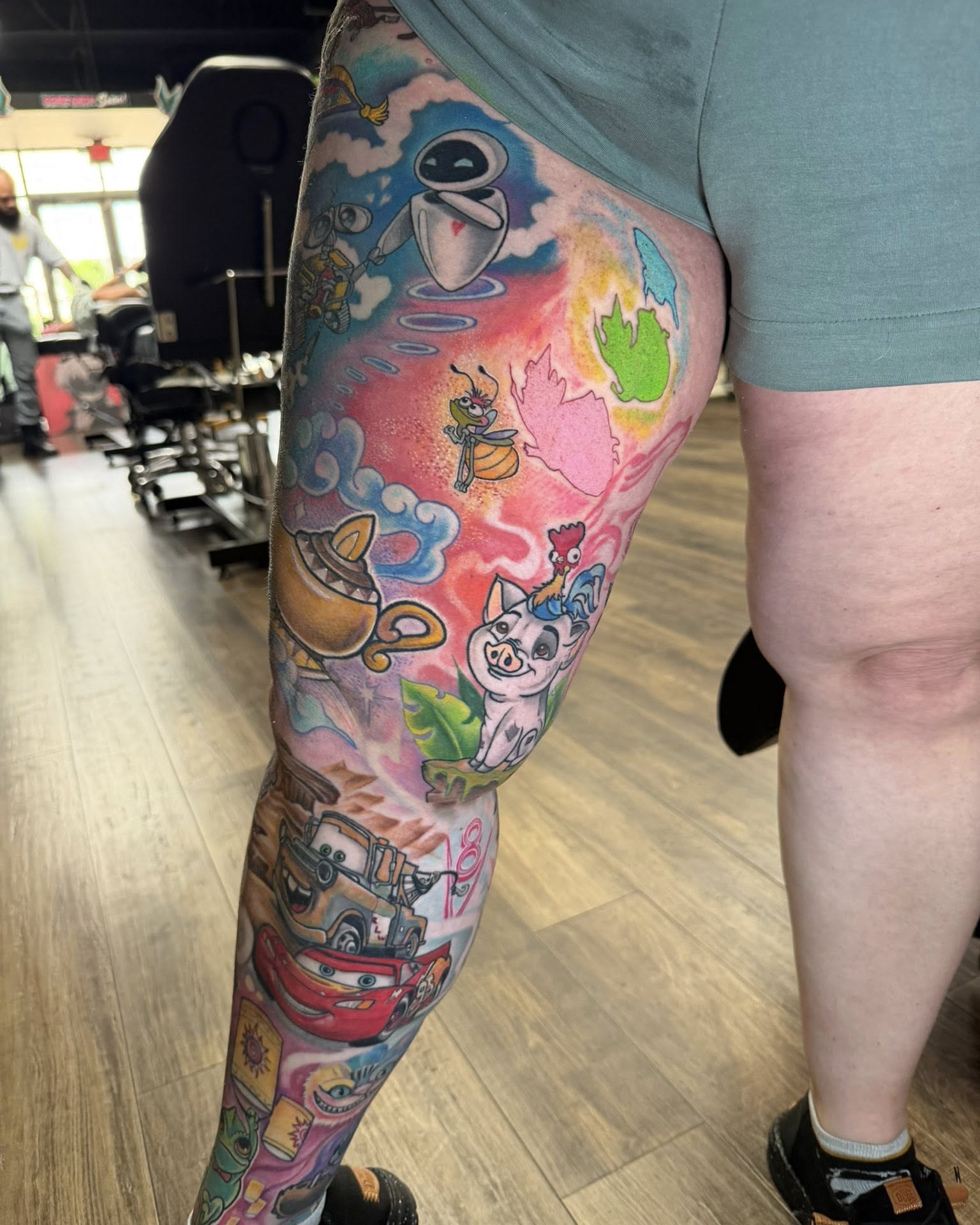Cartoon characters new school tattoo on the thigh by Chad Meado