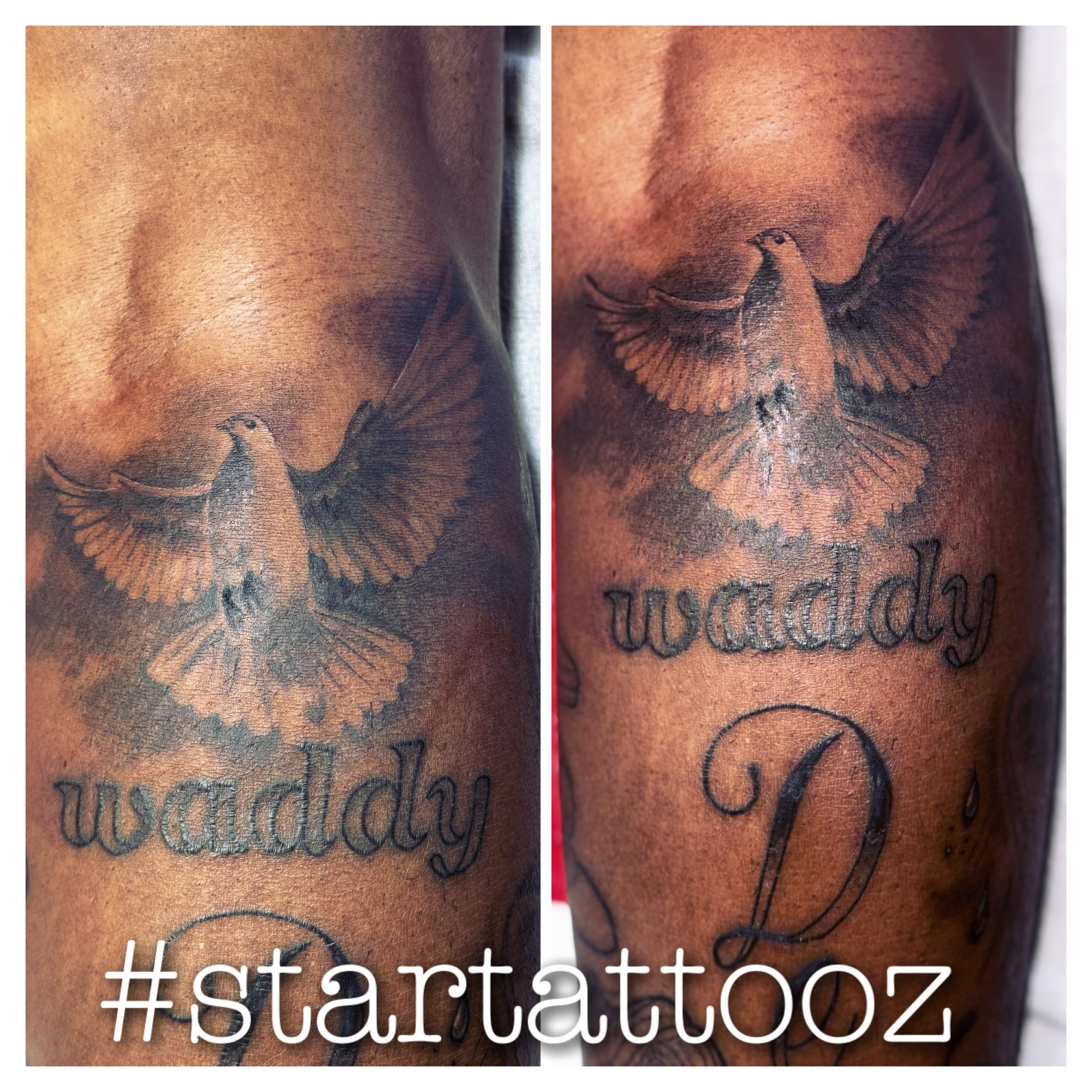 Dove and name black and grey tattoo on the forearm by StarTattooz - the one & only