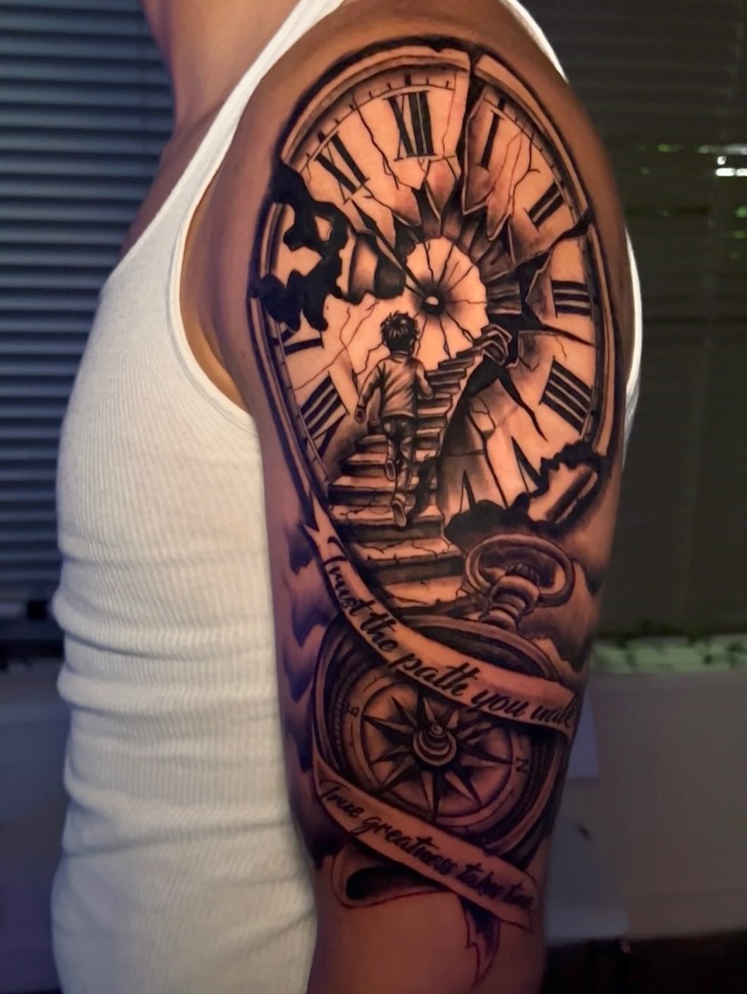 Clock and compass realism tattoo on the forearm by Lucky Lefty