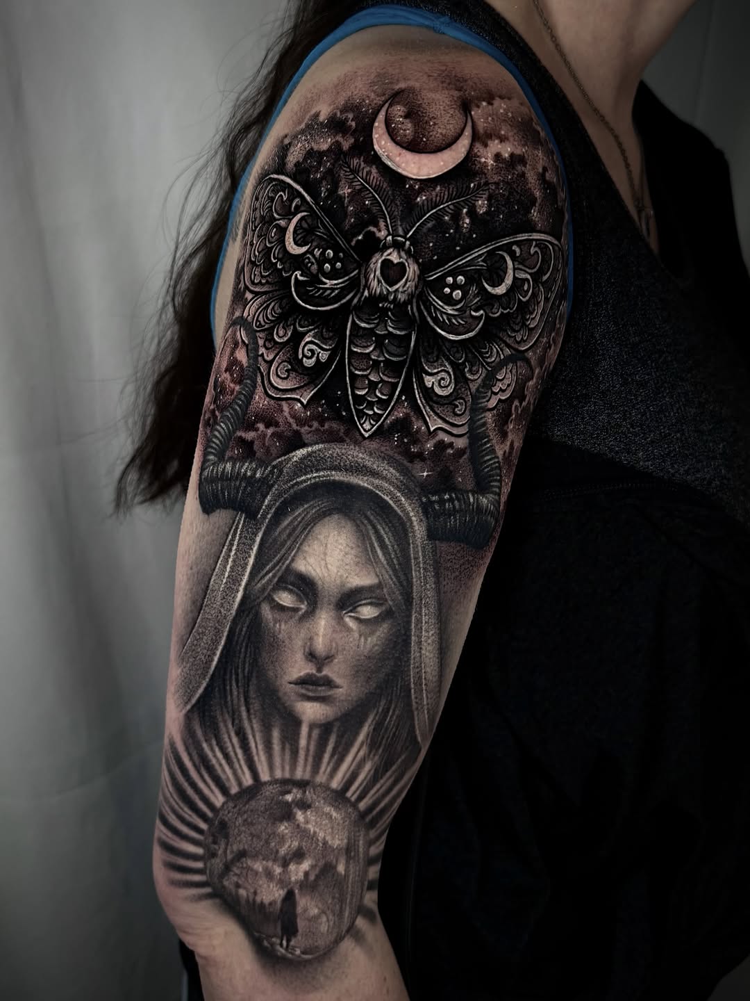 Woman with moth and moon realism tattoo on the forearm by DREW ROMERO - Colorado Tattoo Artist, Pueblo, Colorado