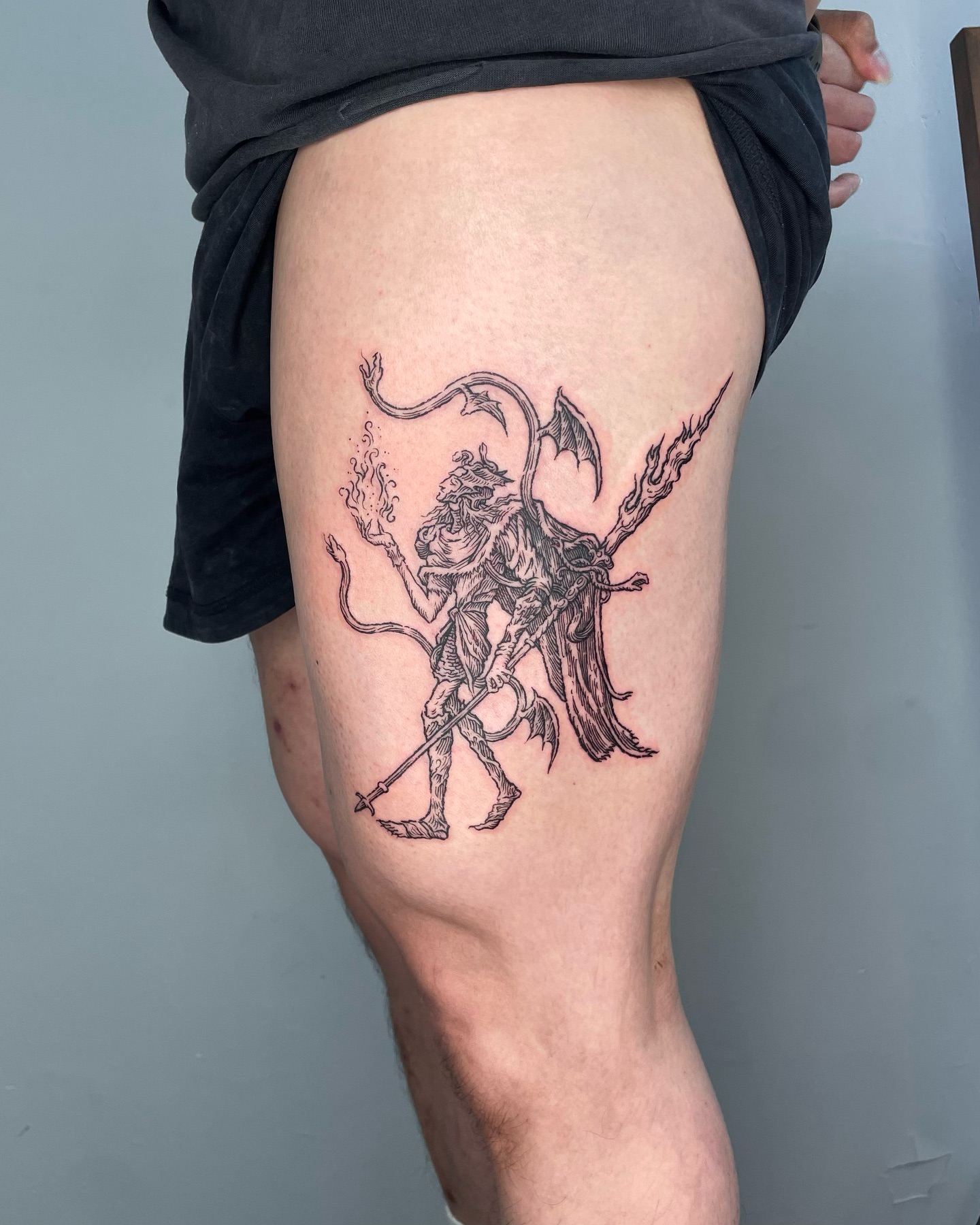 Demon warrior realism tattoo on the thigh by Anh Đan