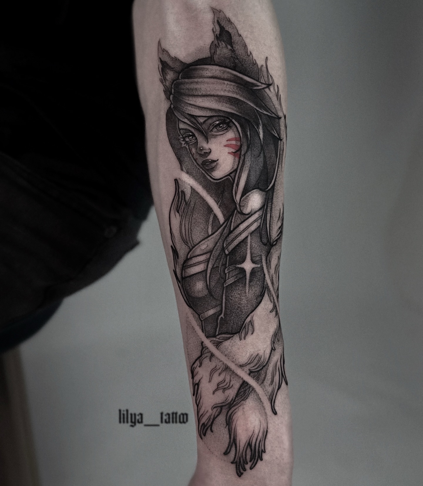 Tattoo by @lilya_tattoo — dotwork, anime