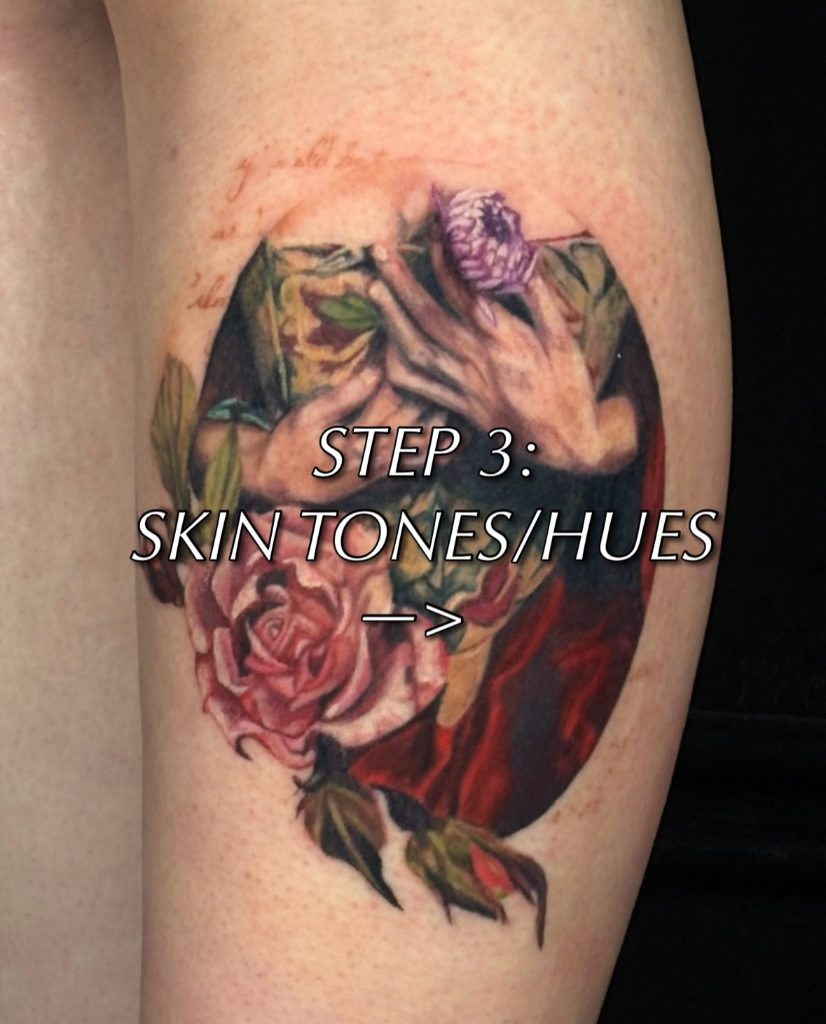 Floral arrangement realism tattoo on the thigh by jordy