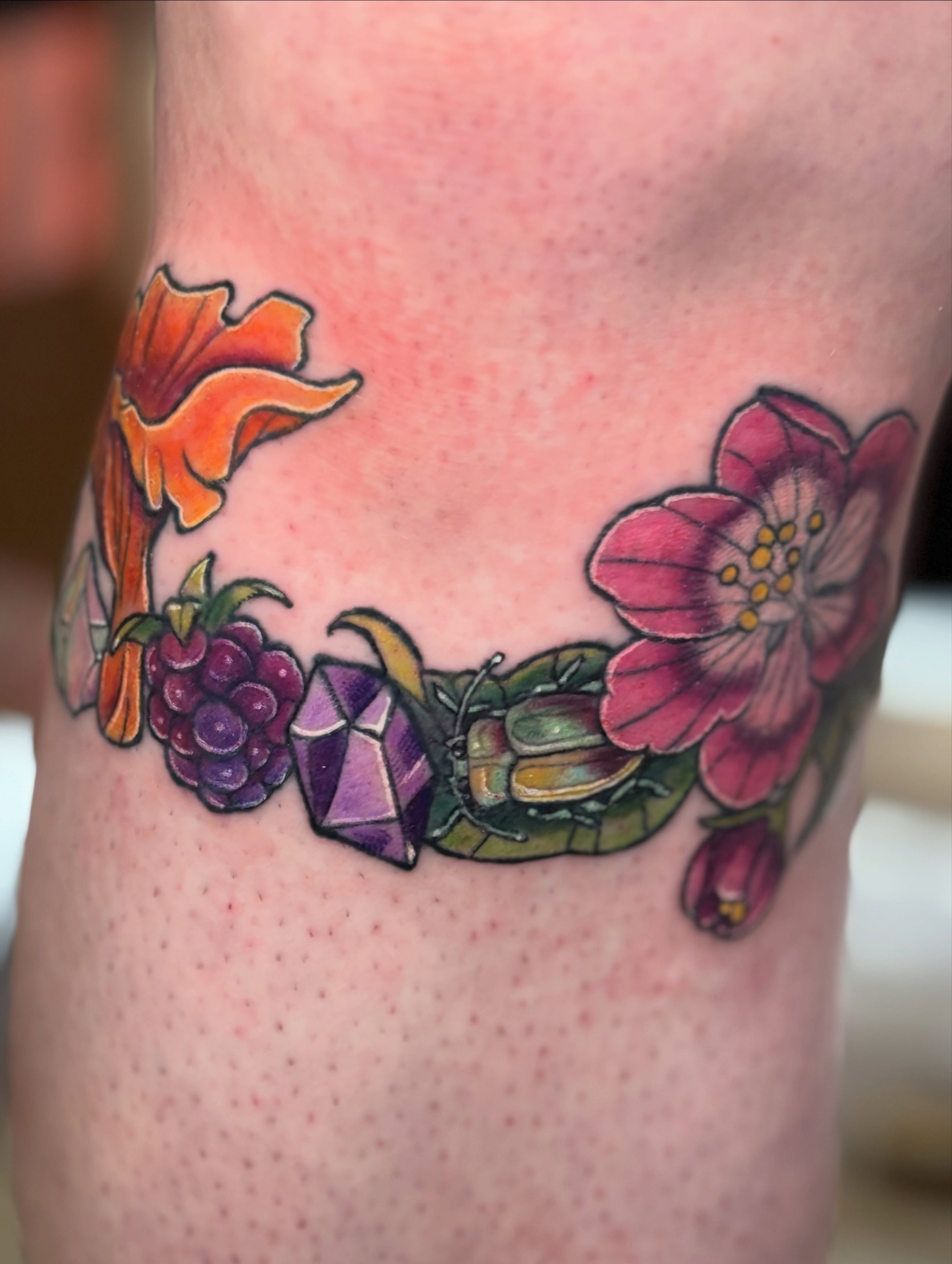 Flower and beetle new school tattoo on the thigh by Bekah Smith