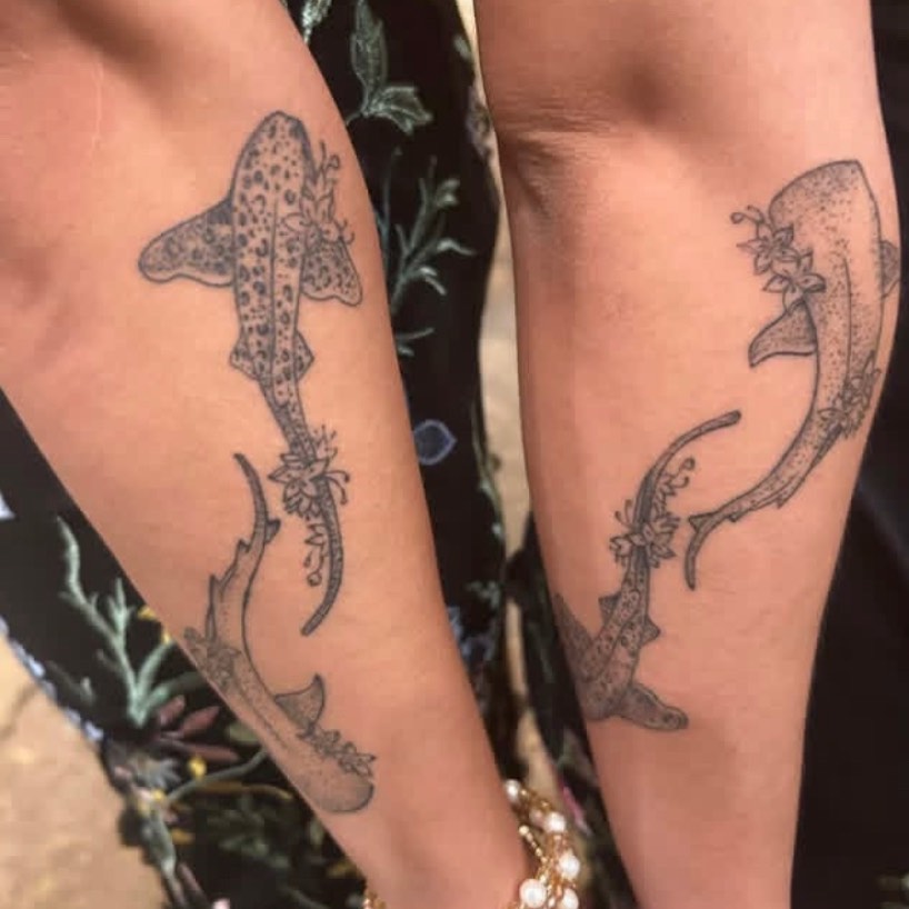 Shark black and grey tattoo on the forearm by adrienne mae ❀
