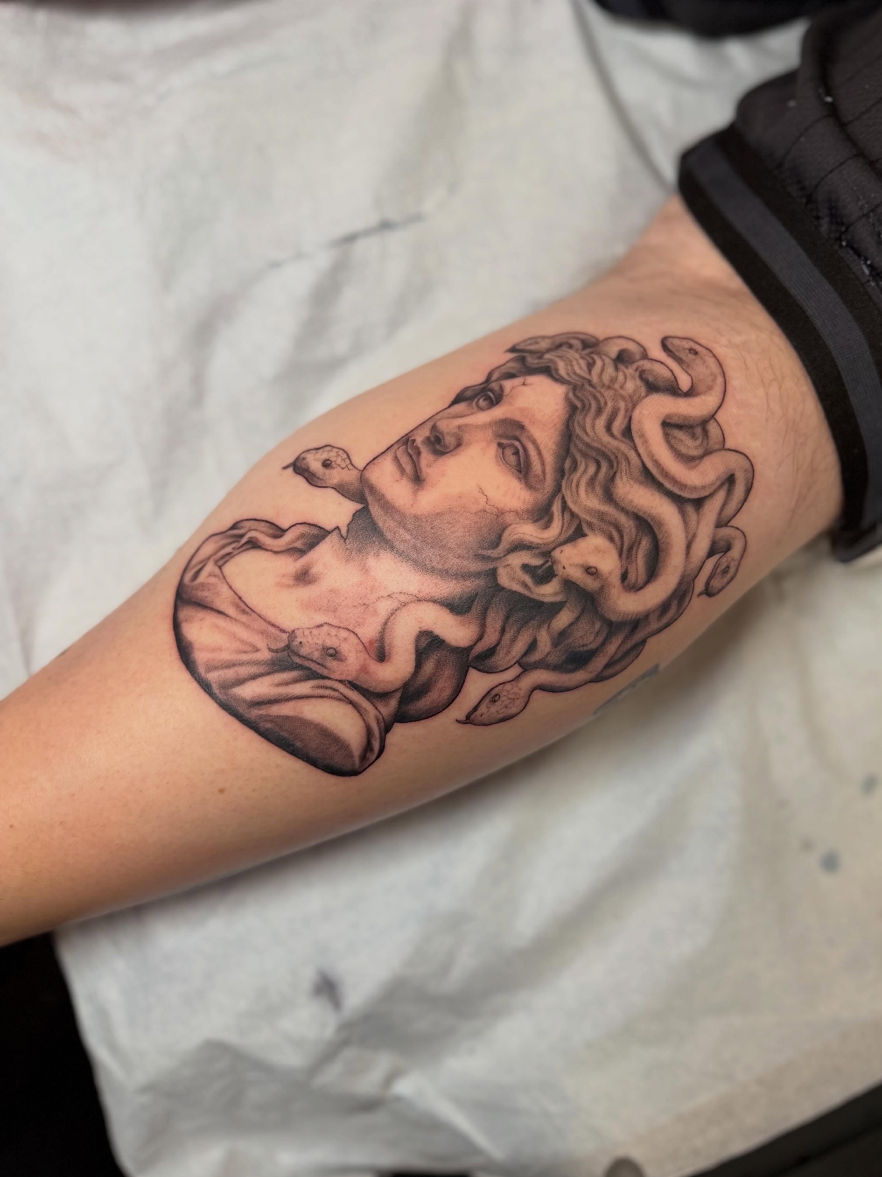 Medusa black and grey tattoo on the forearm by Rebecca (Becca) Ray