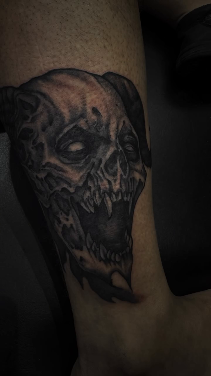 Demonic skull realism tattoo on the forearm by Joe Khay, Hackettstown, New Jersey