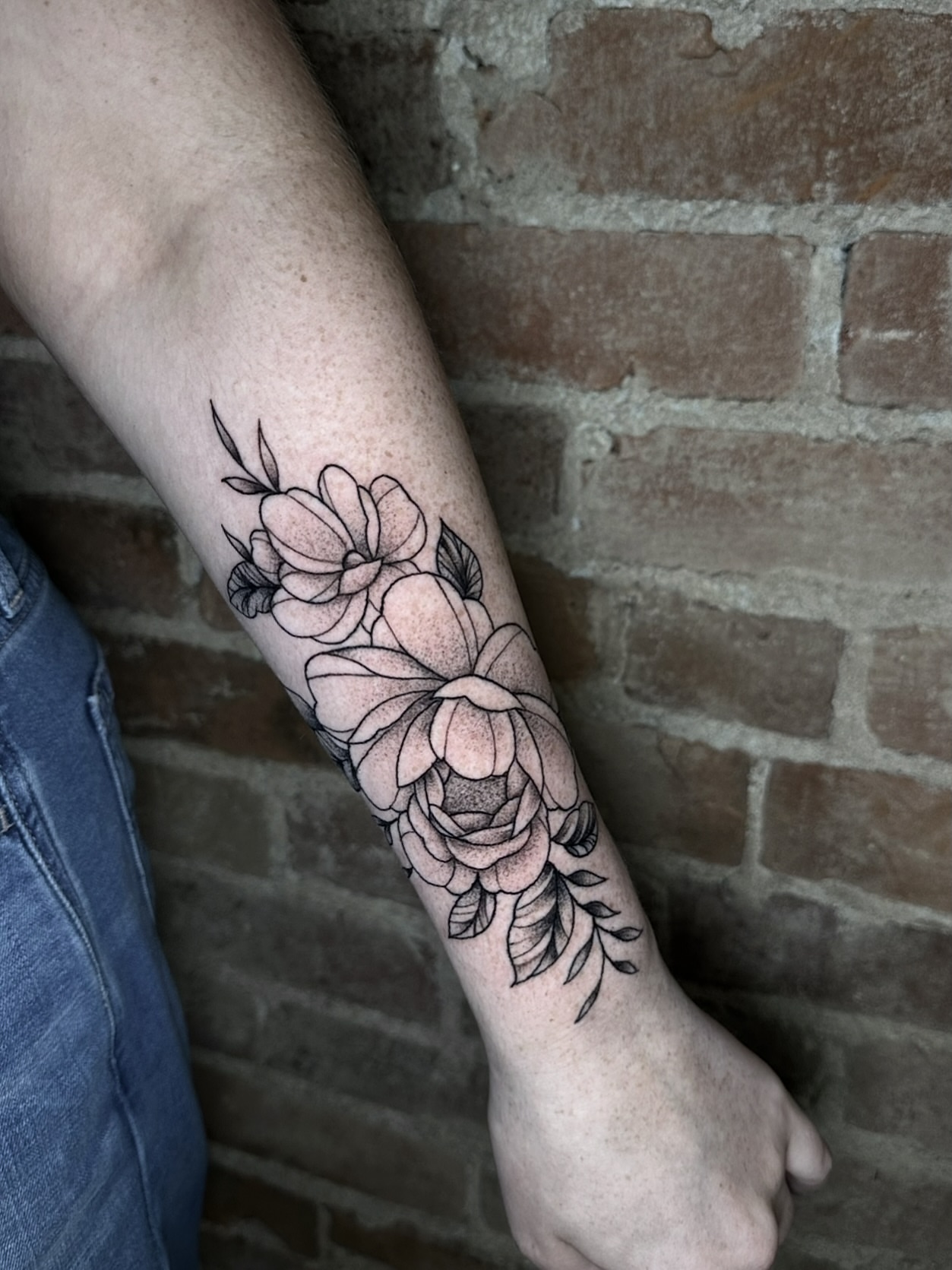 Flowers dotwork tattoo on the forearm by E L I Z A H B e T H H D e S I G N S