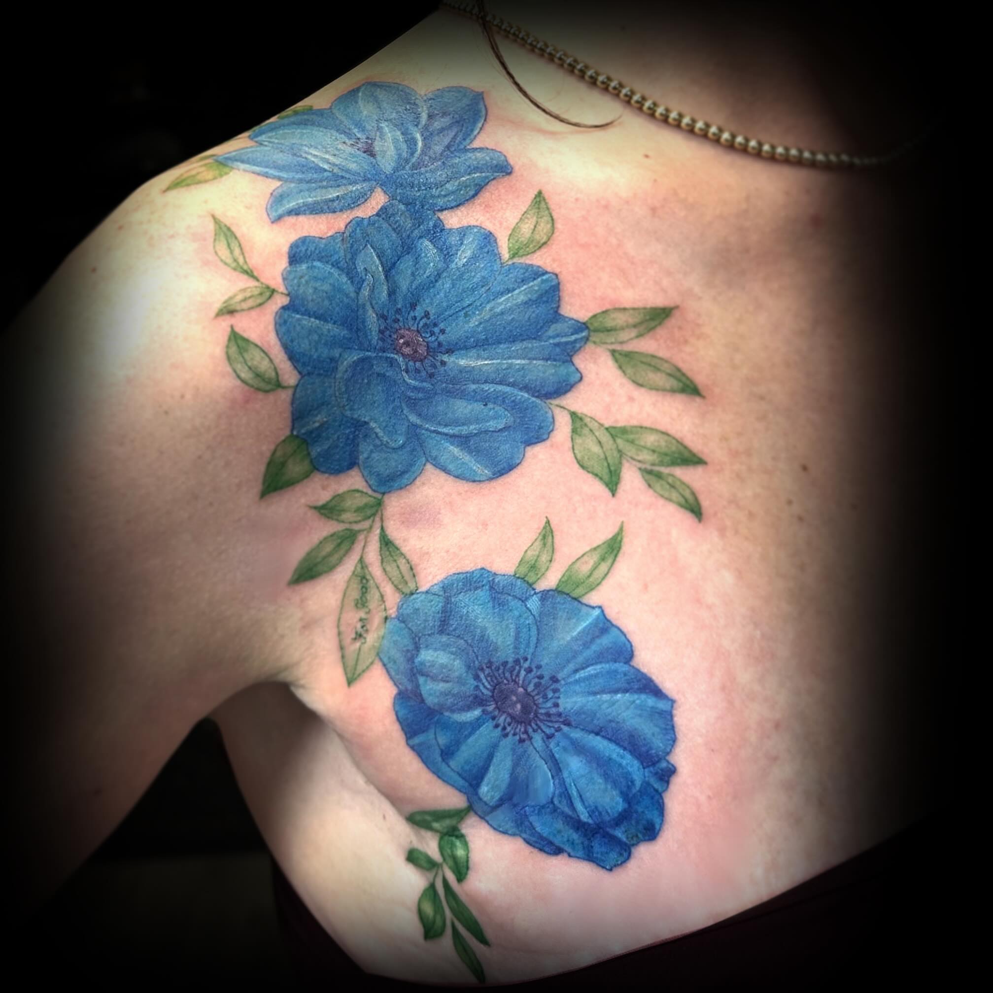 Blue flowers realism tattoo on the shoulder by 🌜🔮✨Anya Casey✨🔮🌛