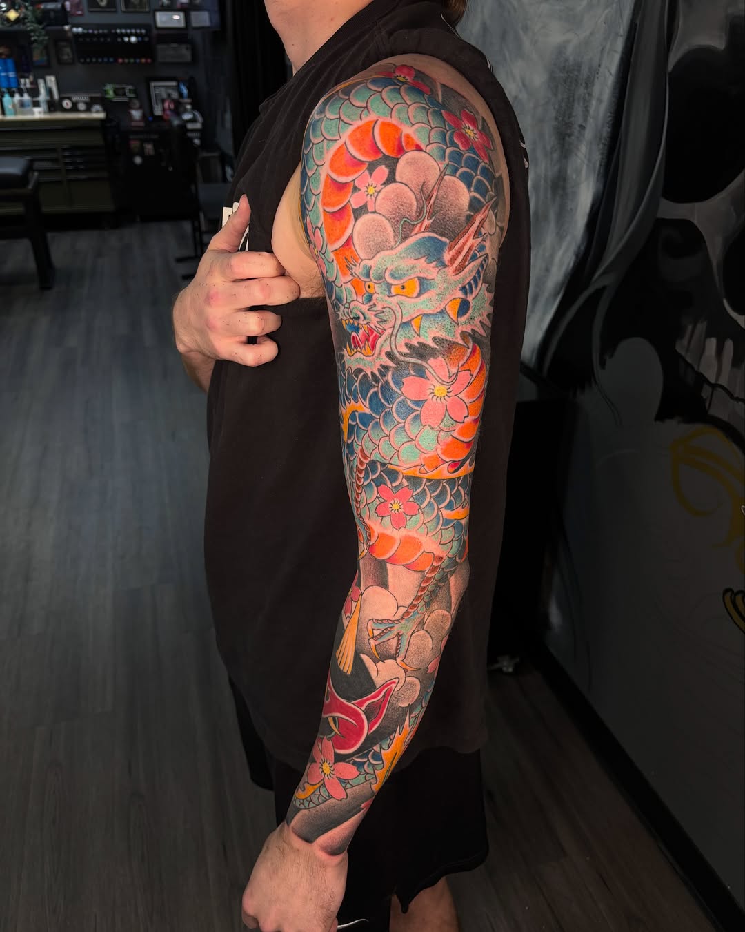 Dragon and cherry blossoms Japanese tattoo on the forearm by @seibastattoos, Virginia Beach, Virginia