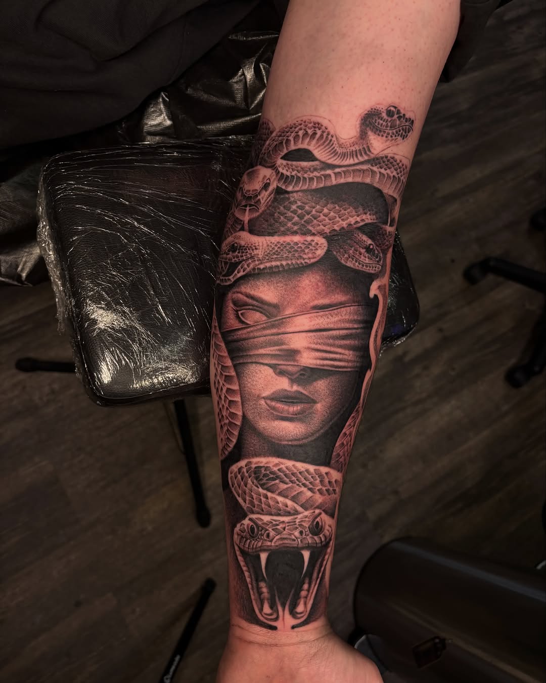 Medusa with snakes realism tattoo on the forearm by @seibastattoos, Virginia Beach, Virginia