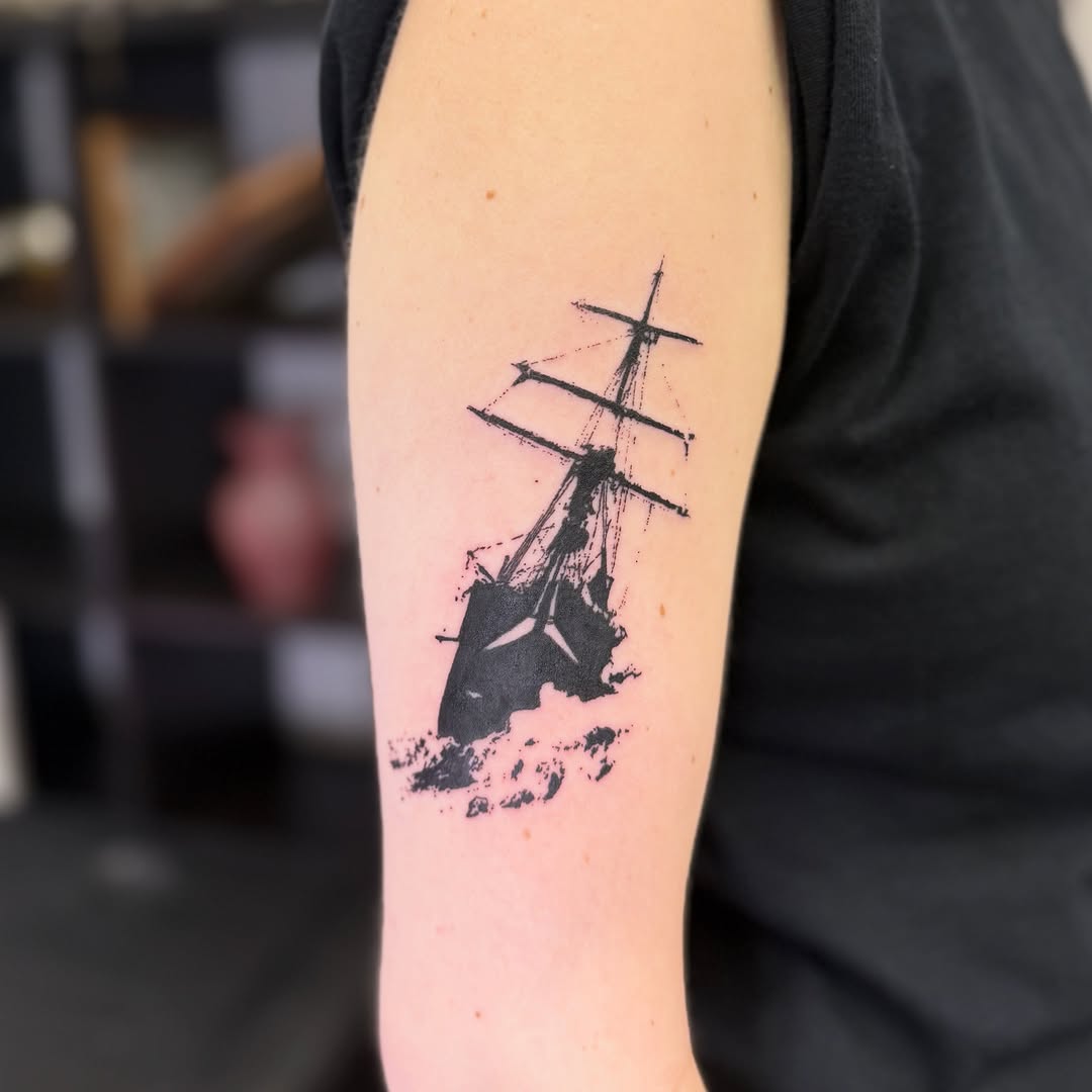 Ship in stormy seas sketch tattoo on the forearm by 🌸Blossom🌸