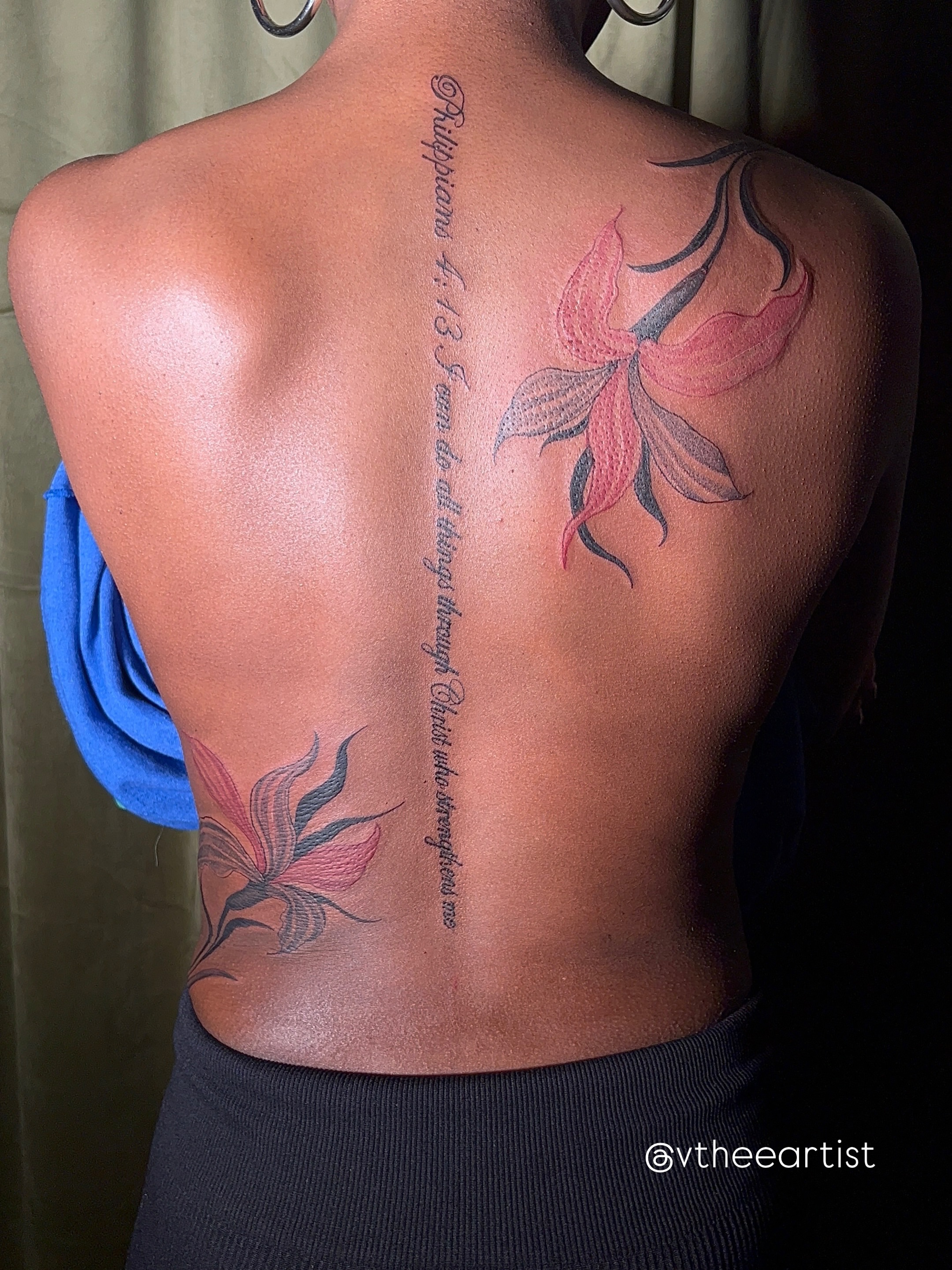 Flowers and scripture dotwork tattoo on the back by V