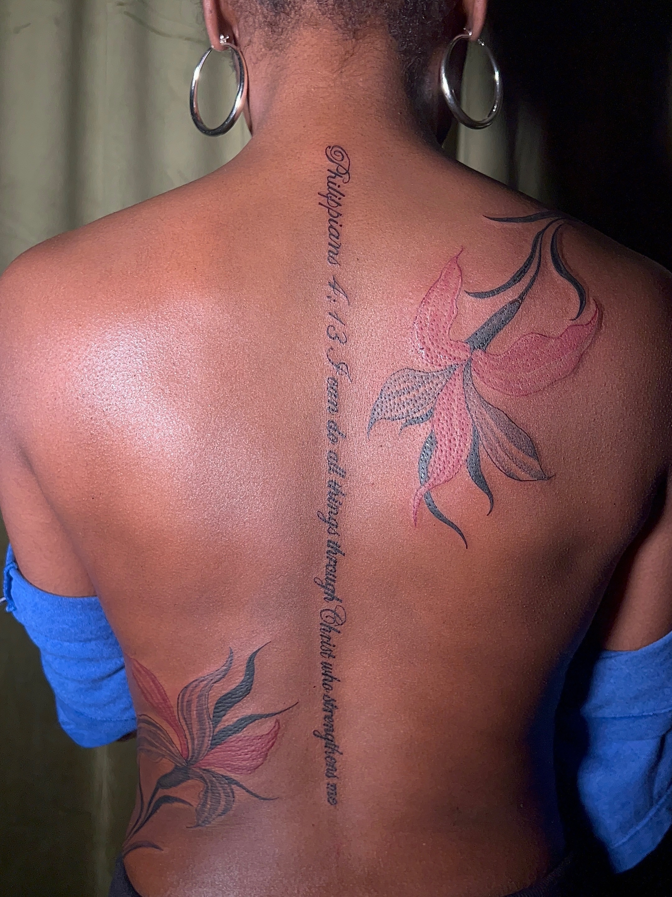 Lilies dotwork tattoo on the back by V