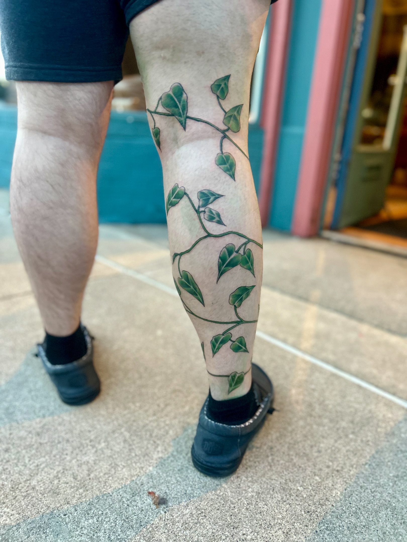 Ivy leaves fine line tattoo on the calf by Tori Magill