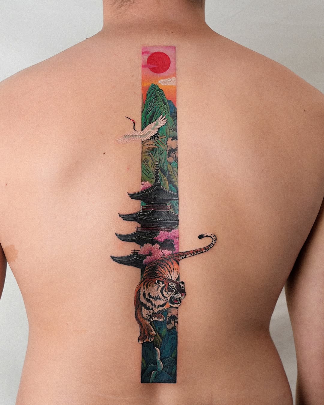 Tiger and pagoda landscape Japanese tattoo on the back by EQ