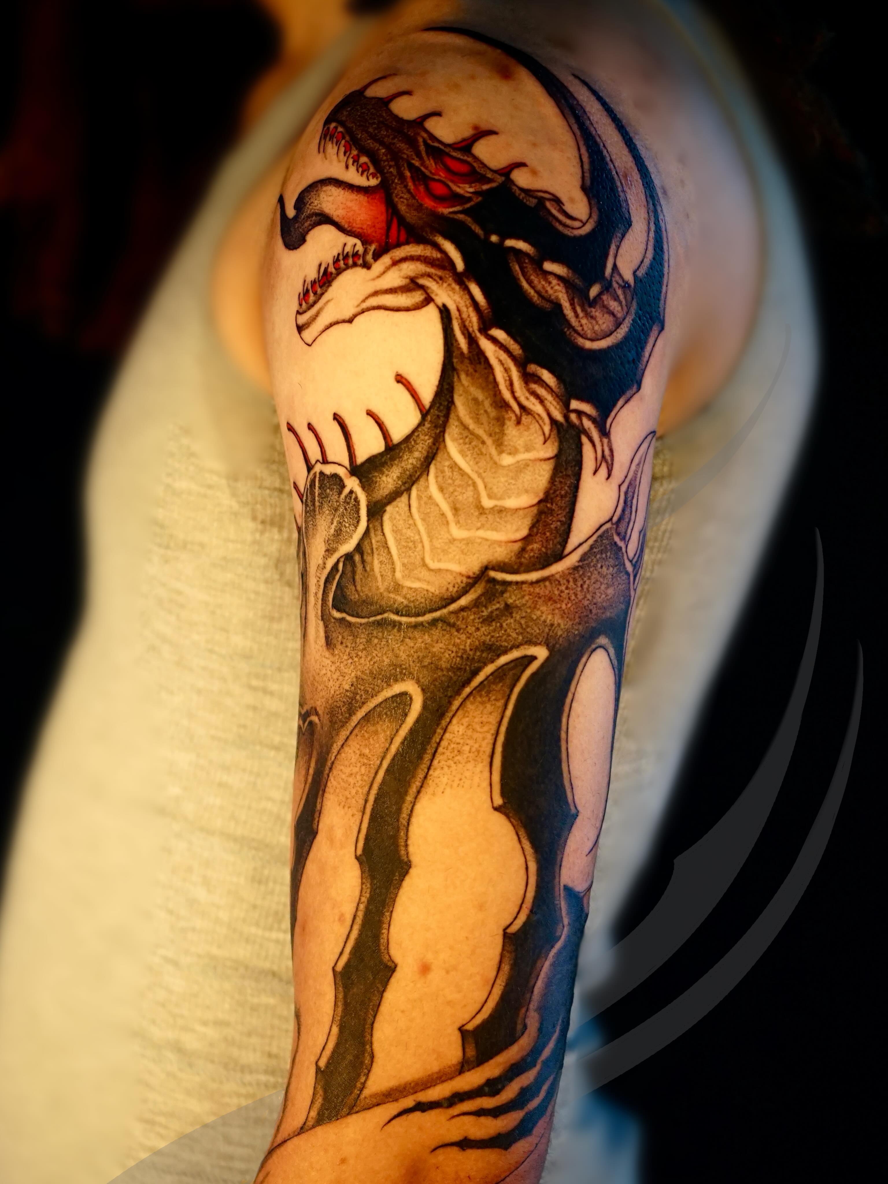 Dragon American traditional tattoo on the forearm by Chyloe