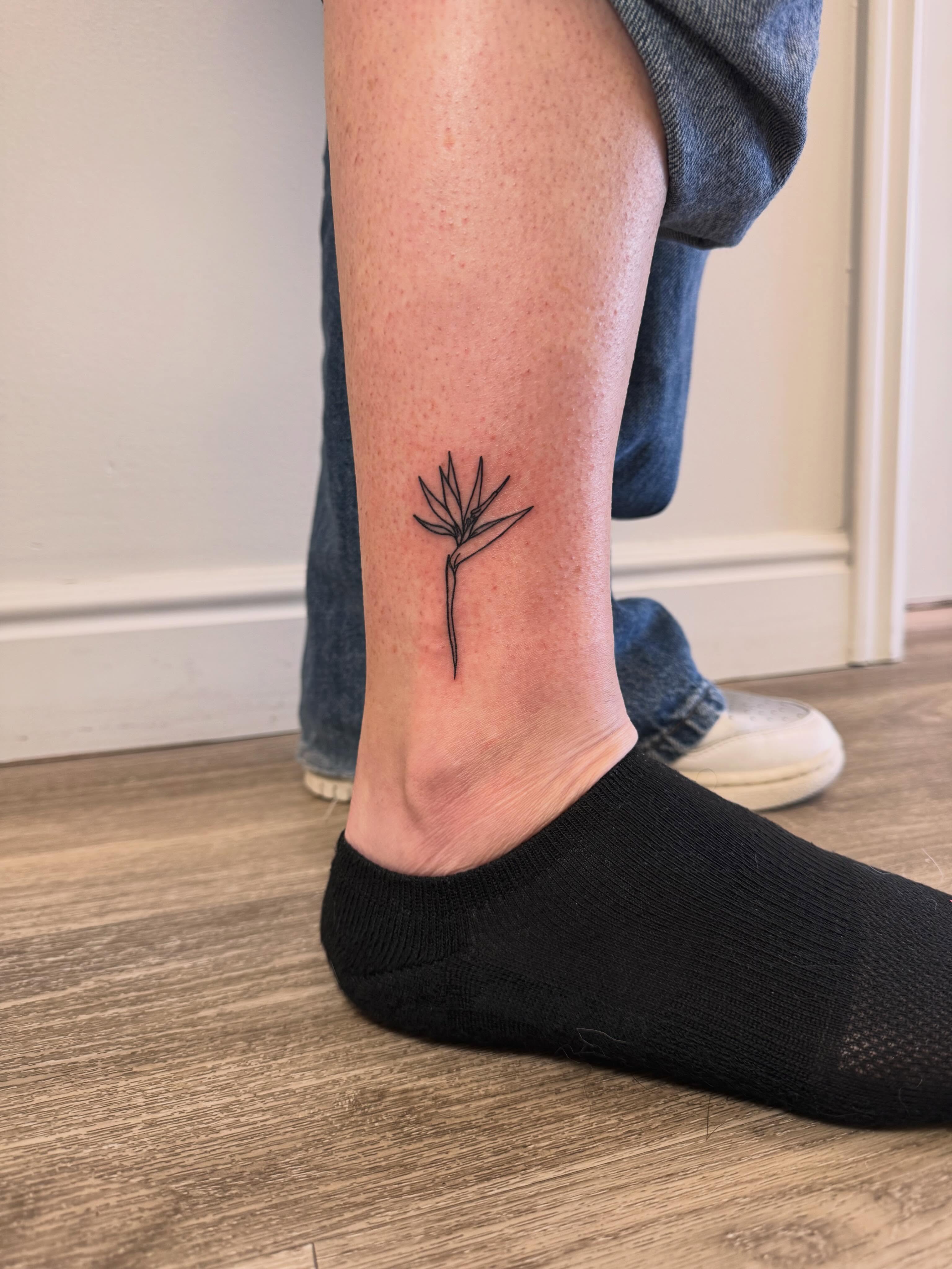 Bird of paradise fine line tattoo on the calf by Angela Nery, South Jordan, Utah