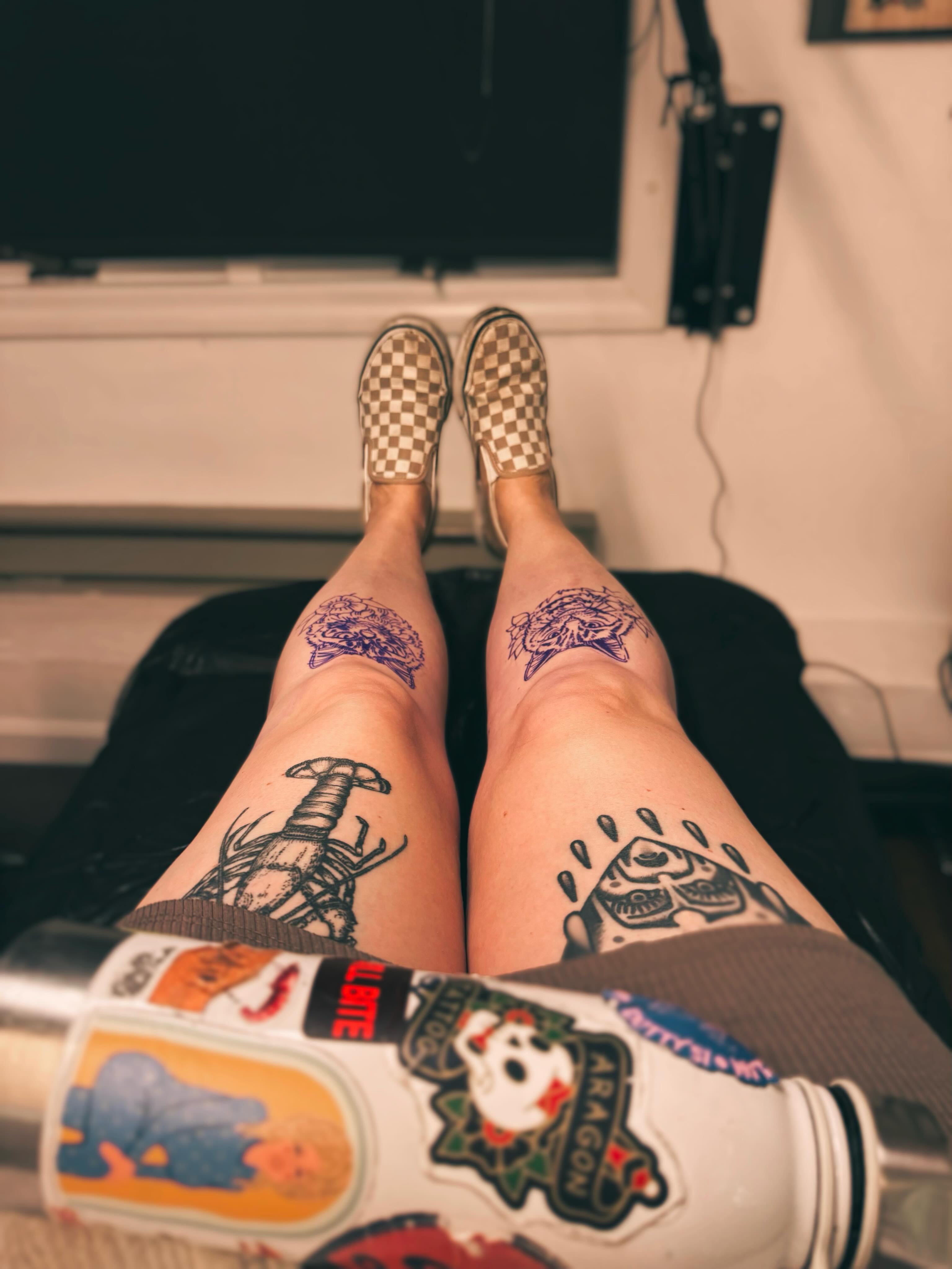 Rocket and crab American traditional tattoo on the leg by R e N O T