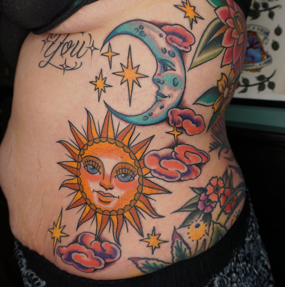 Sun and moon American traditional tattoo on the torso by Sarah Christine Tattoo, Calgary, Alberta
