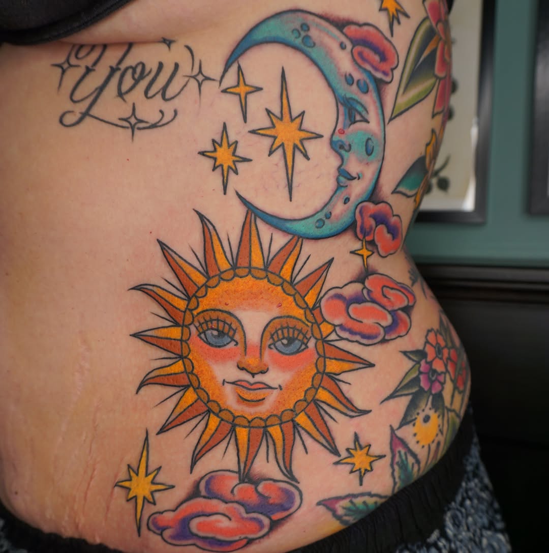 Sun and moon American traditional tattoo on the torso by Sarah Christine Tattoo, Calgary, Alberta