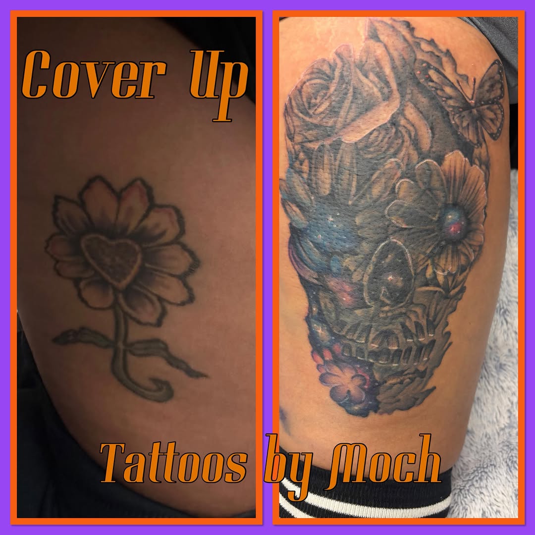 Skull with floral elements realism tattoo on the thigh by Tattoos By Moch, Toledo, Ohio
