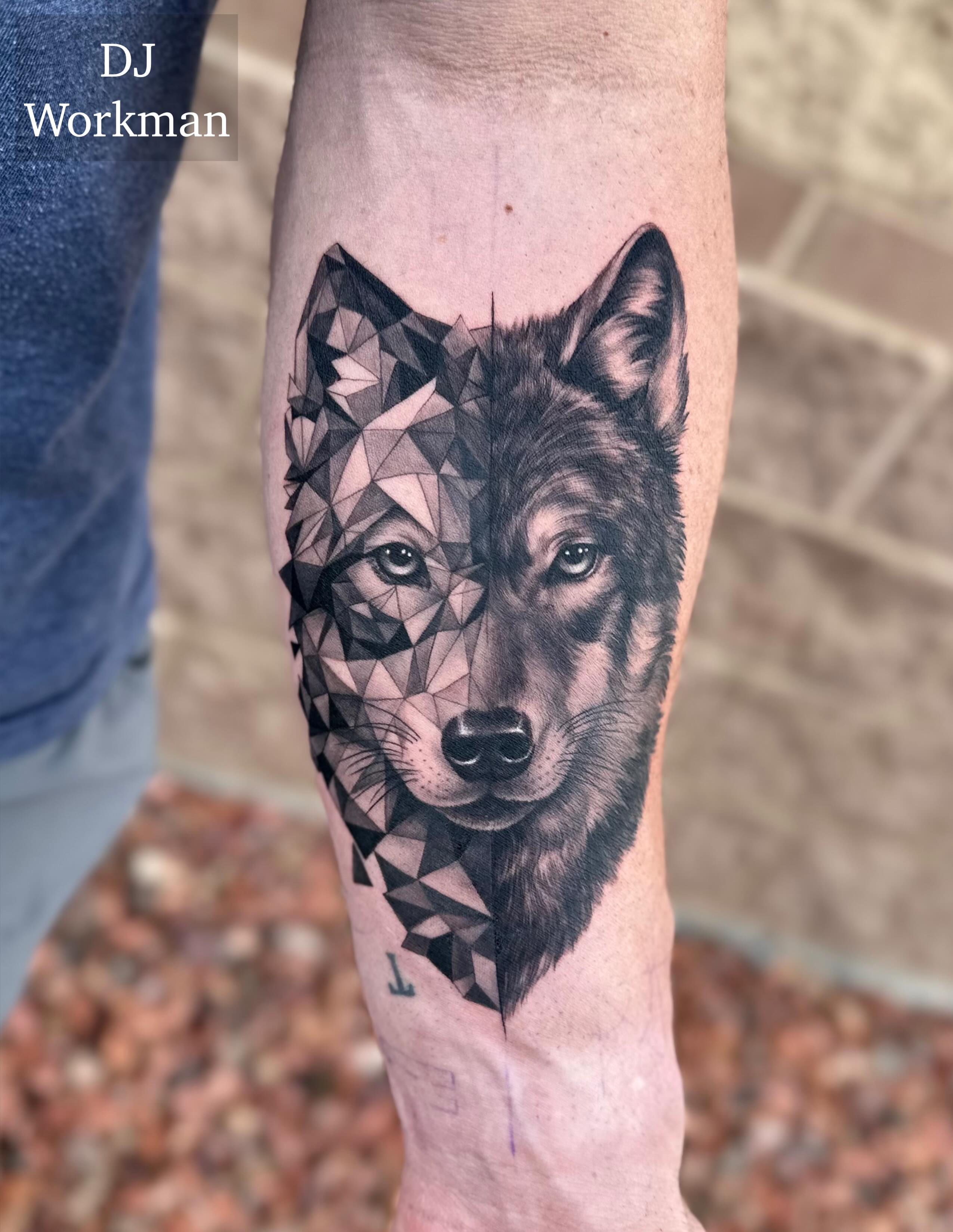Wolf geometric tattoo on the forearm by Winters Ashurst - St. George tattoo artist