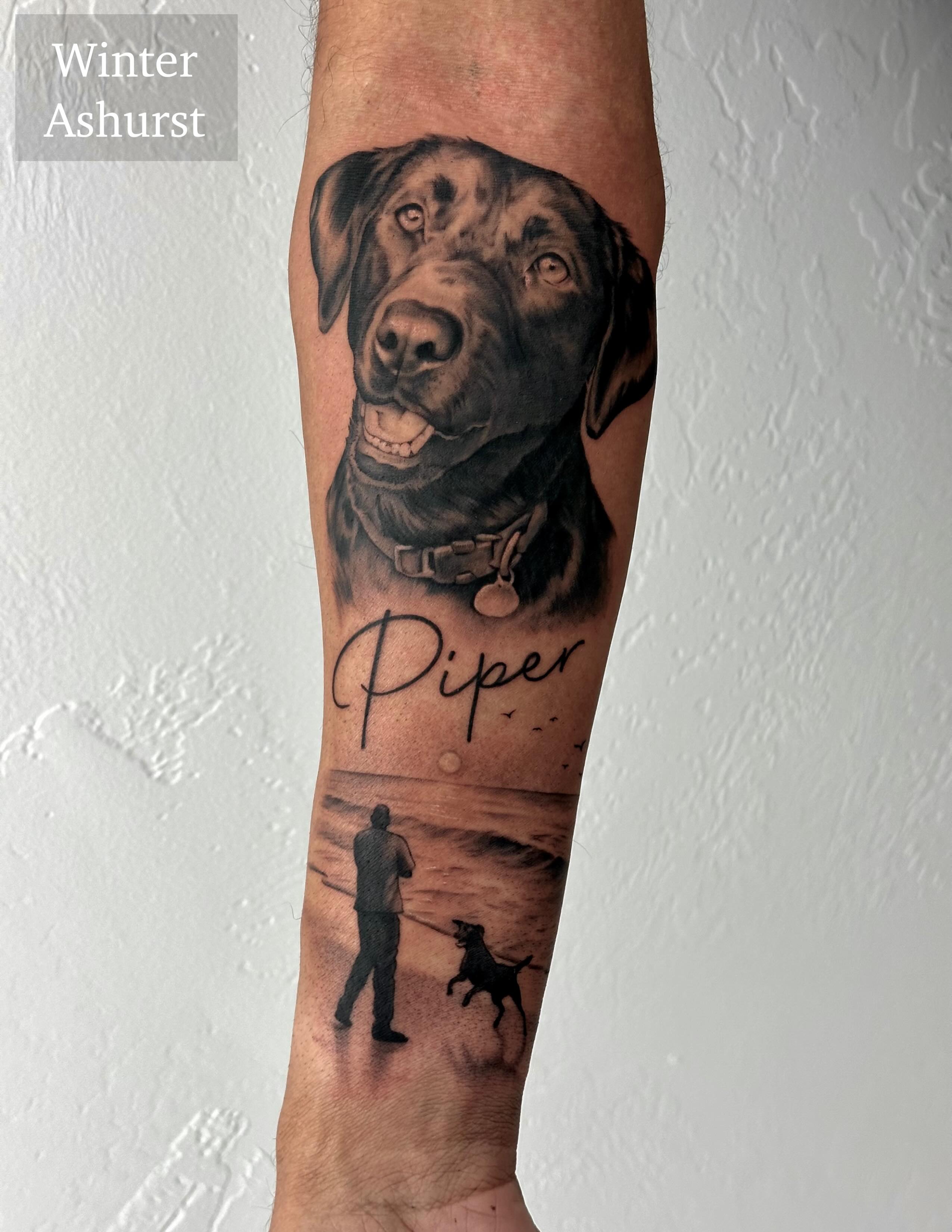 Dog and silhouette realism tattoo on the forearm by Winters Ashurst - St. George tattoo artist