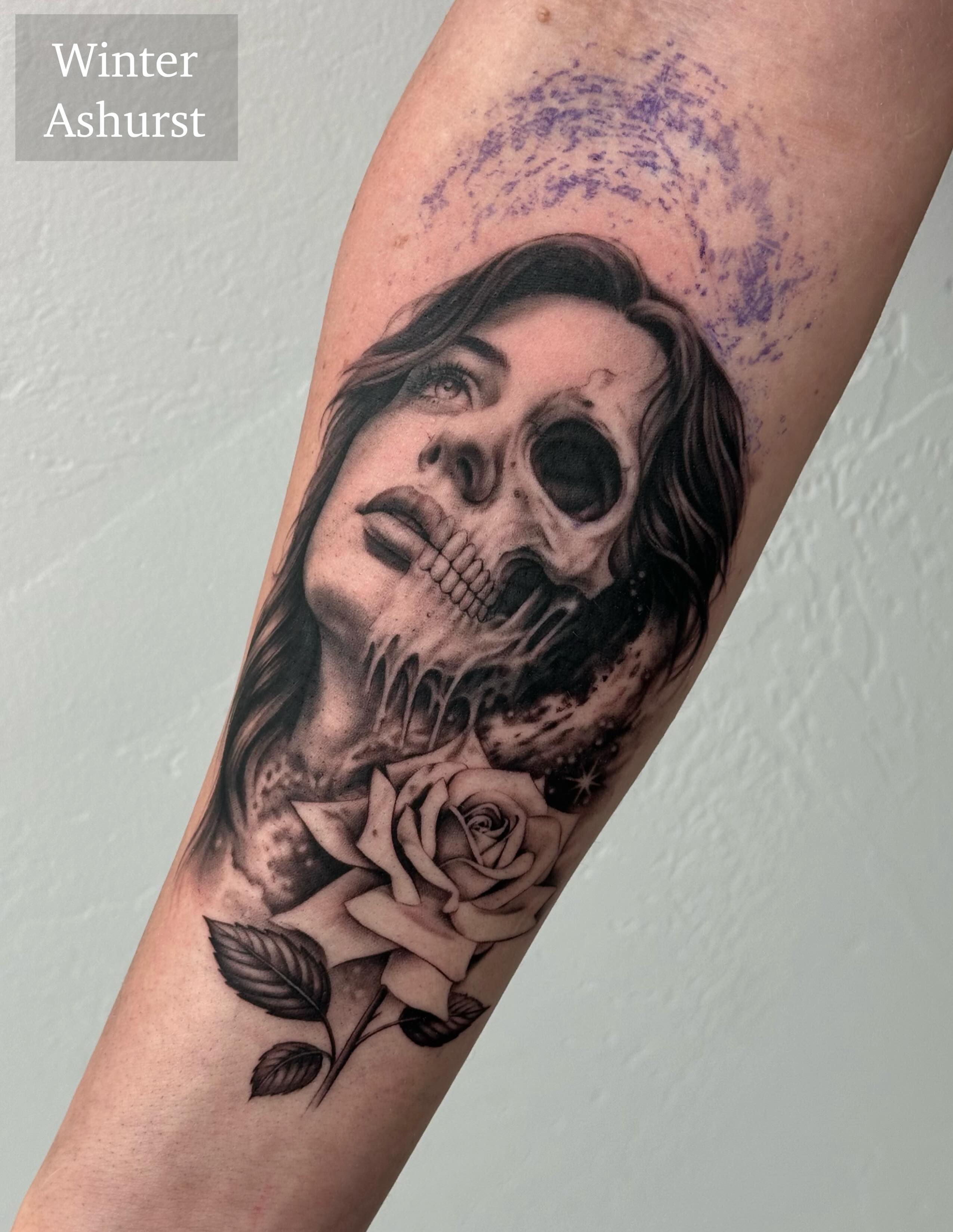Woman with skull realism tattoo on the forearm by Winters Ashurst - St. George tattoo artist