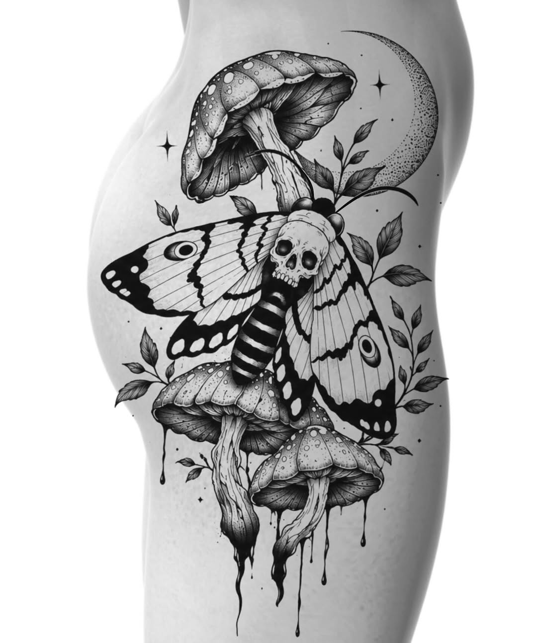 Surrealism tattoo on the thigh by Bryan Black