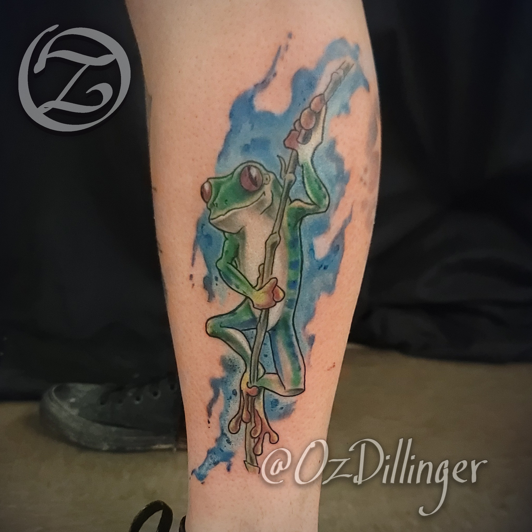 Frog watercolor tattoo on the forearm by Oz Dillinger