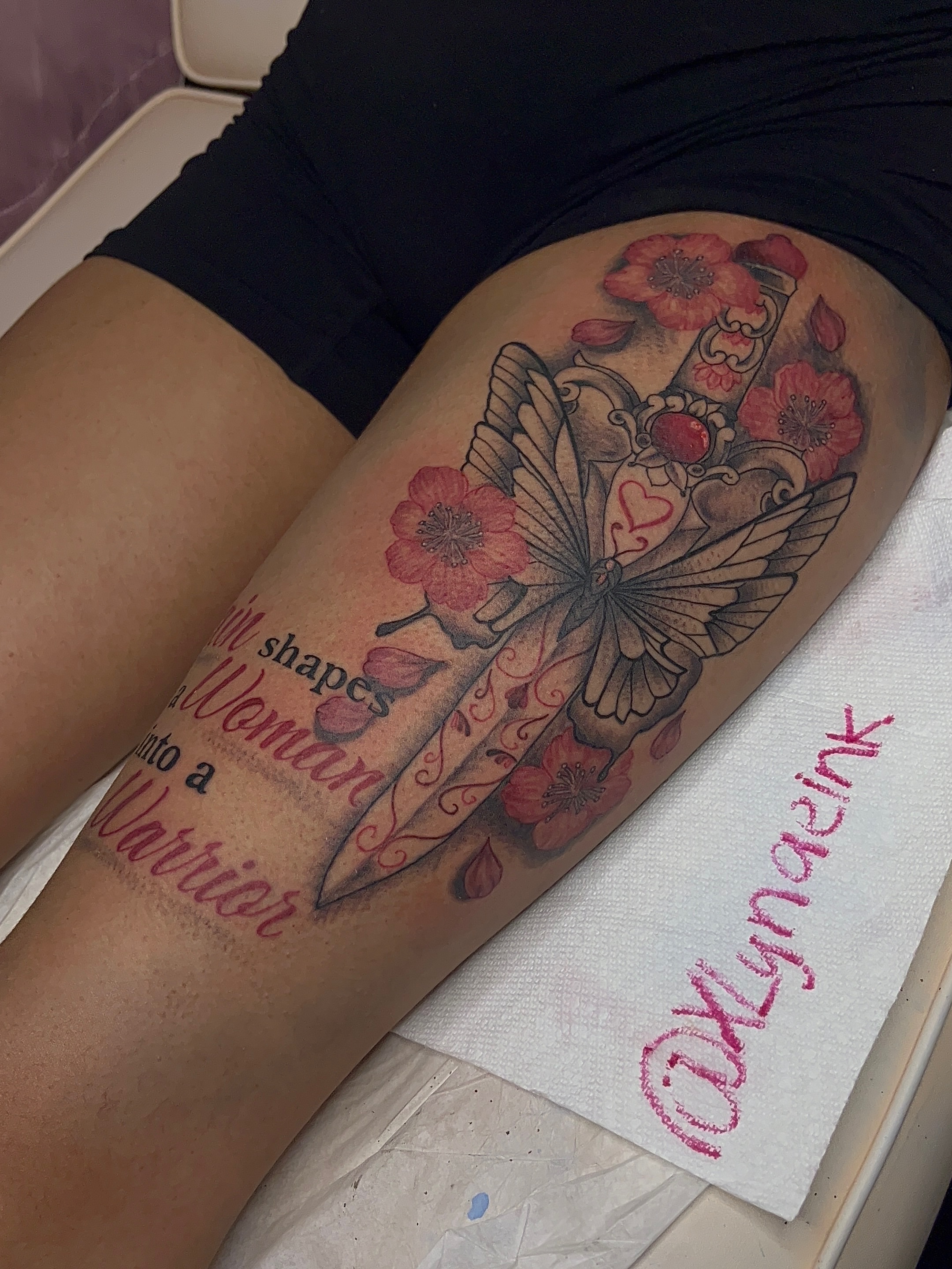 Woman warrior new school tattoo on the thigh by The inspo