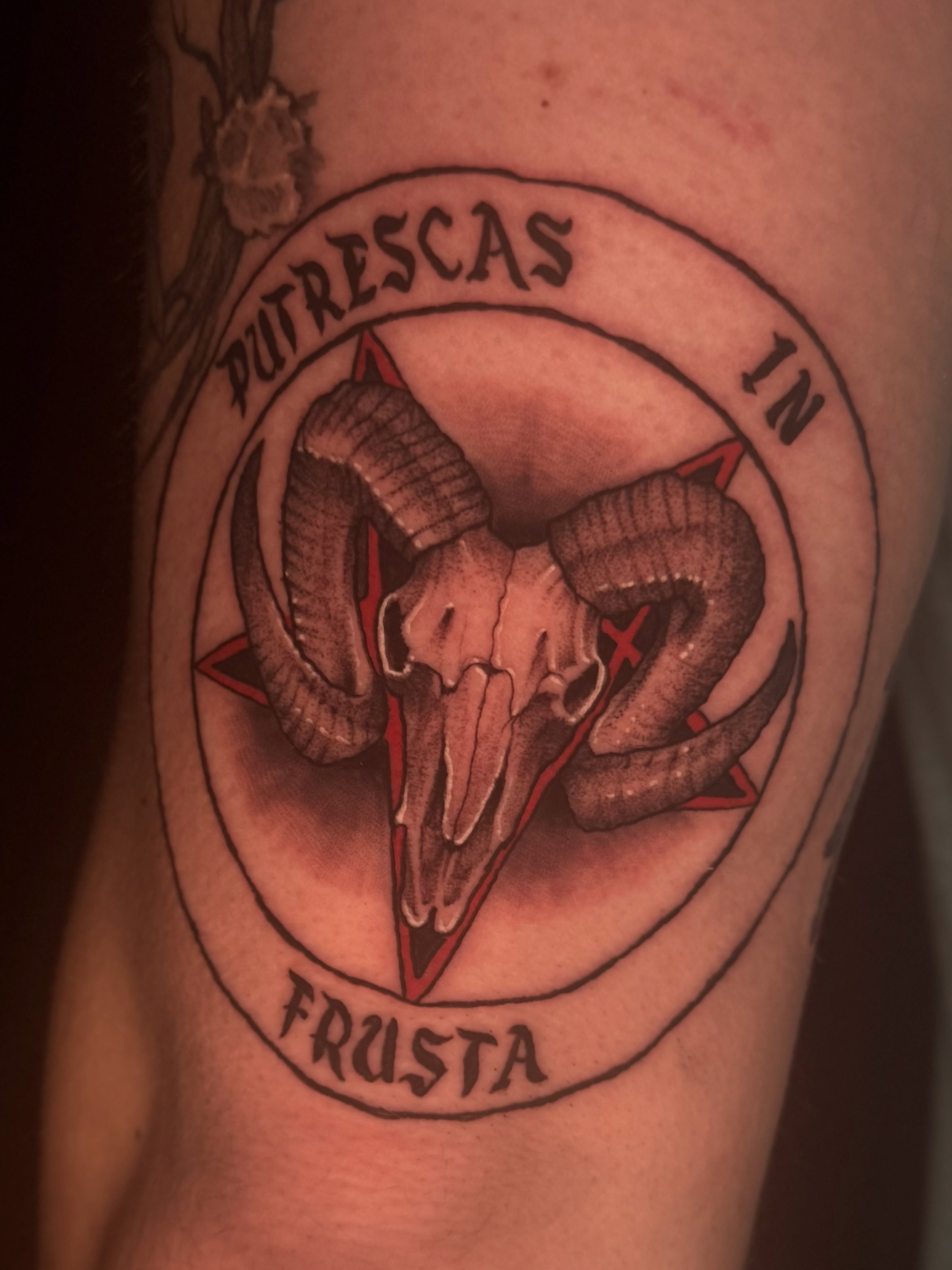 Ram skull dark realism tattoo on the forearm by Exploitedtattoos