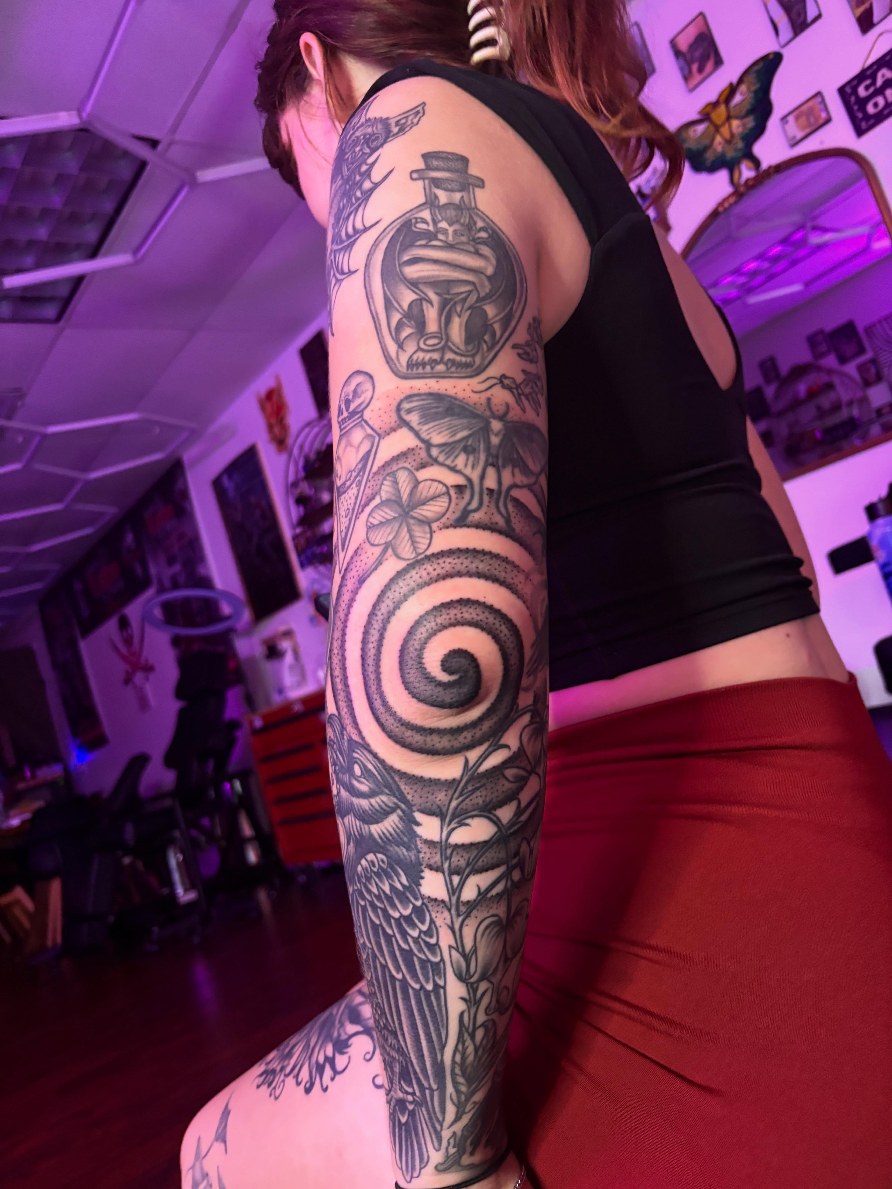 Tattoo by @skyecaliforniaink — dotwork, black_and_grey