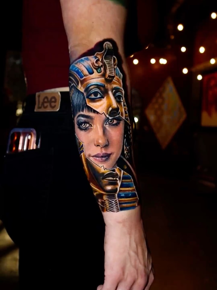 Pharaoh realism tattoo on the forearm by Gary Barrera