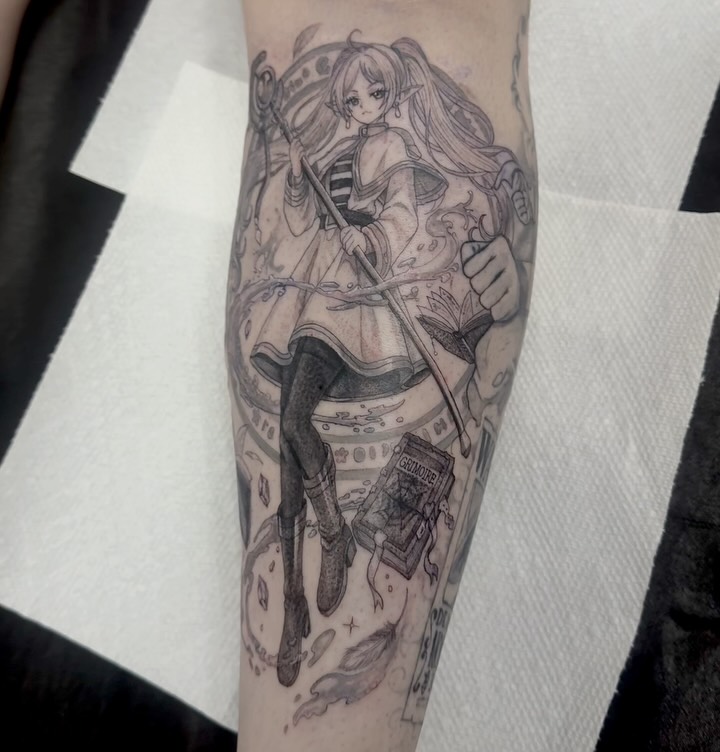 Elf-like character anime tattoo on the forearm by jordyn ๐ญ