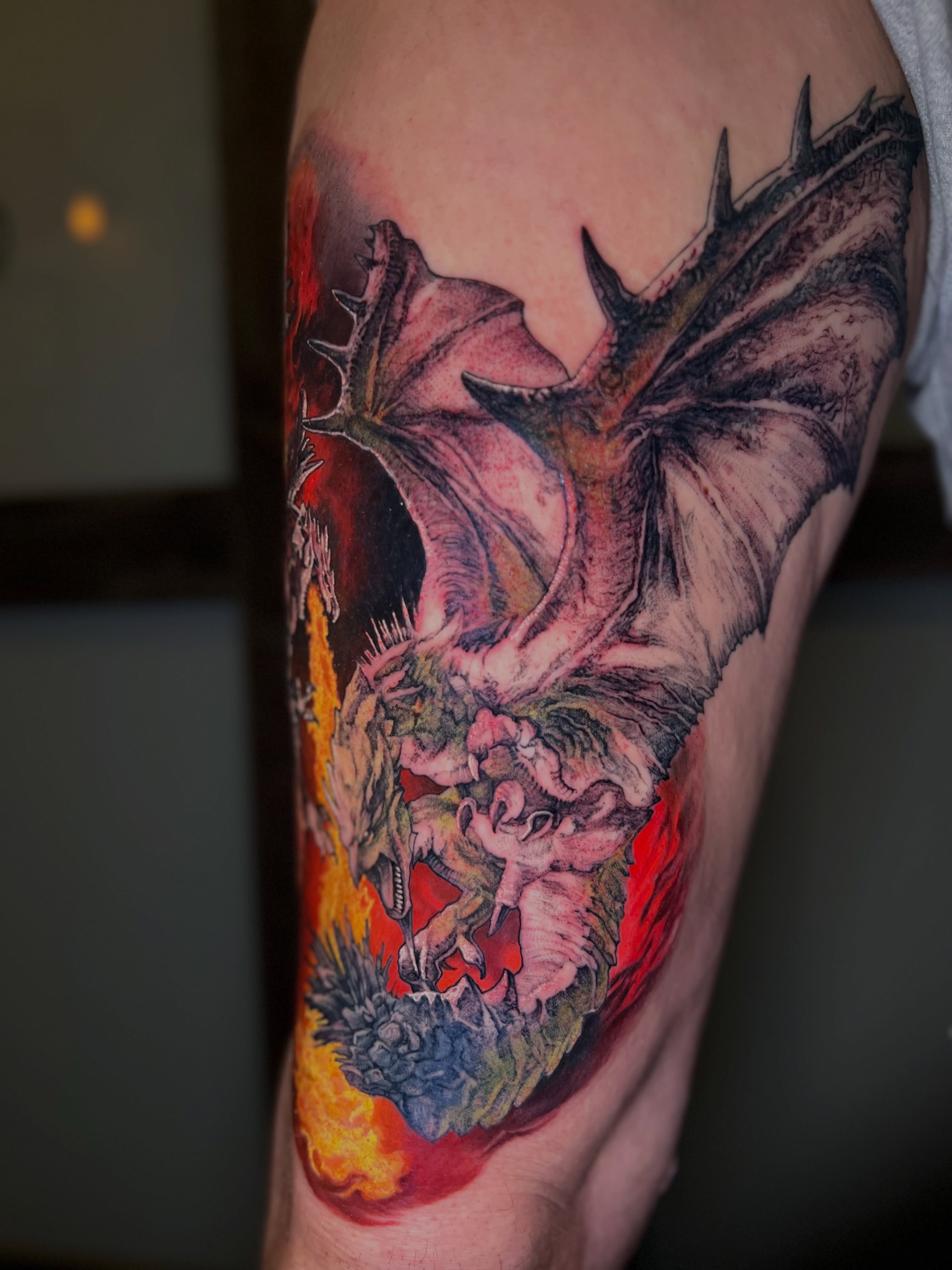 Dragon realism tattoo on the forearm by Dominick Cali, East Islip, New York