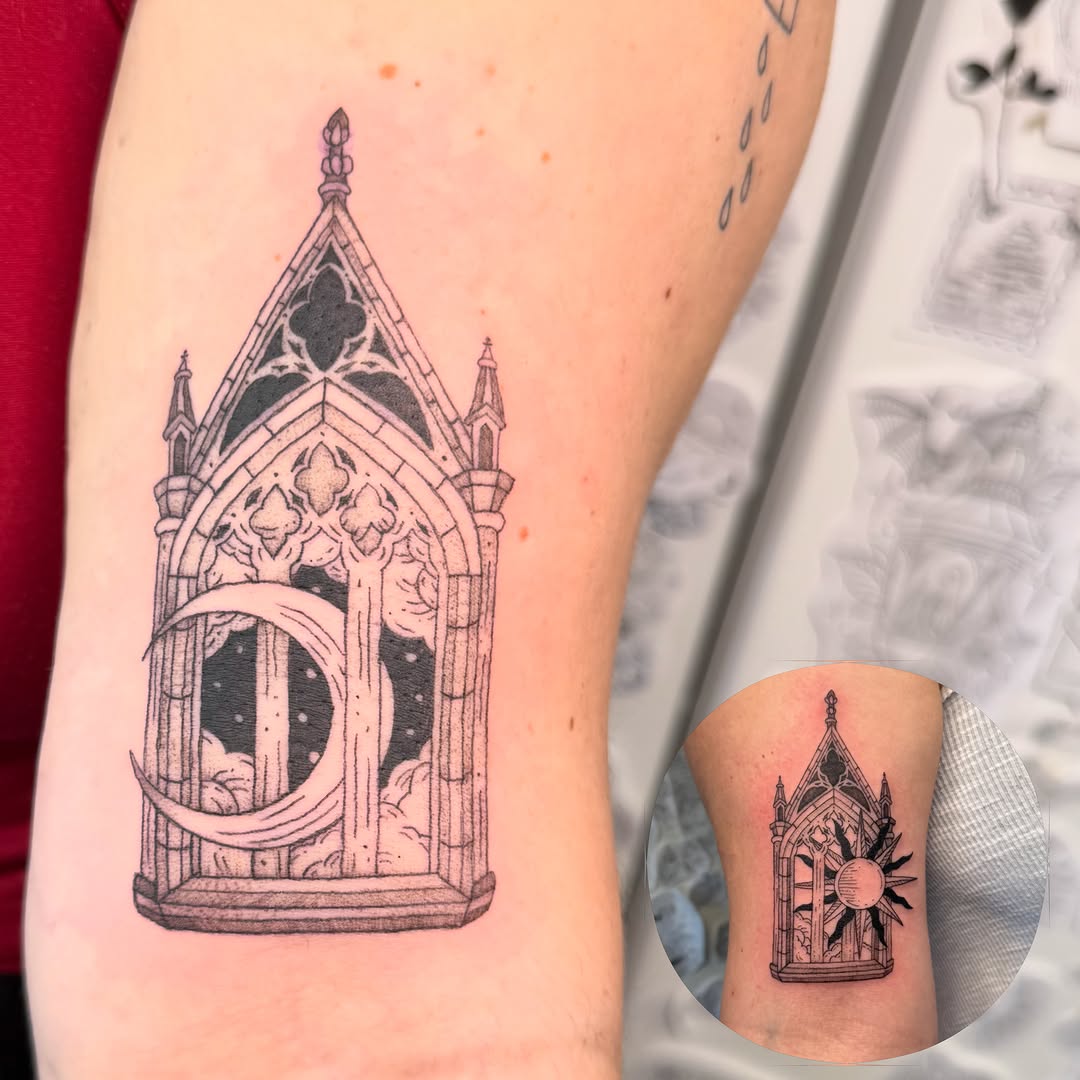 Gothic window black and grey tattoo on the forearm by Alexx Colombo