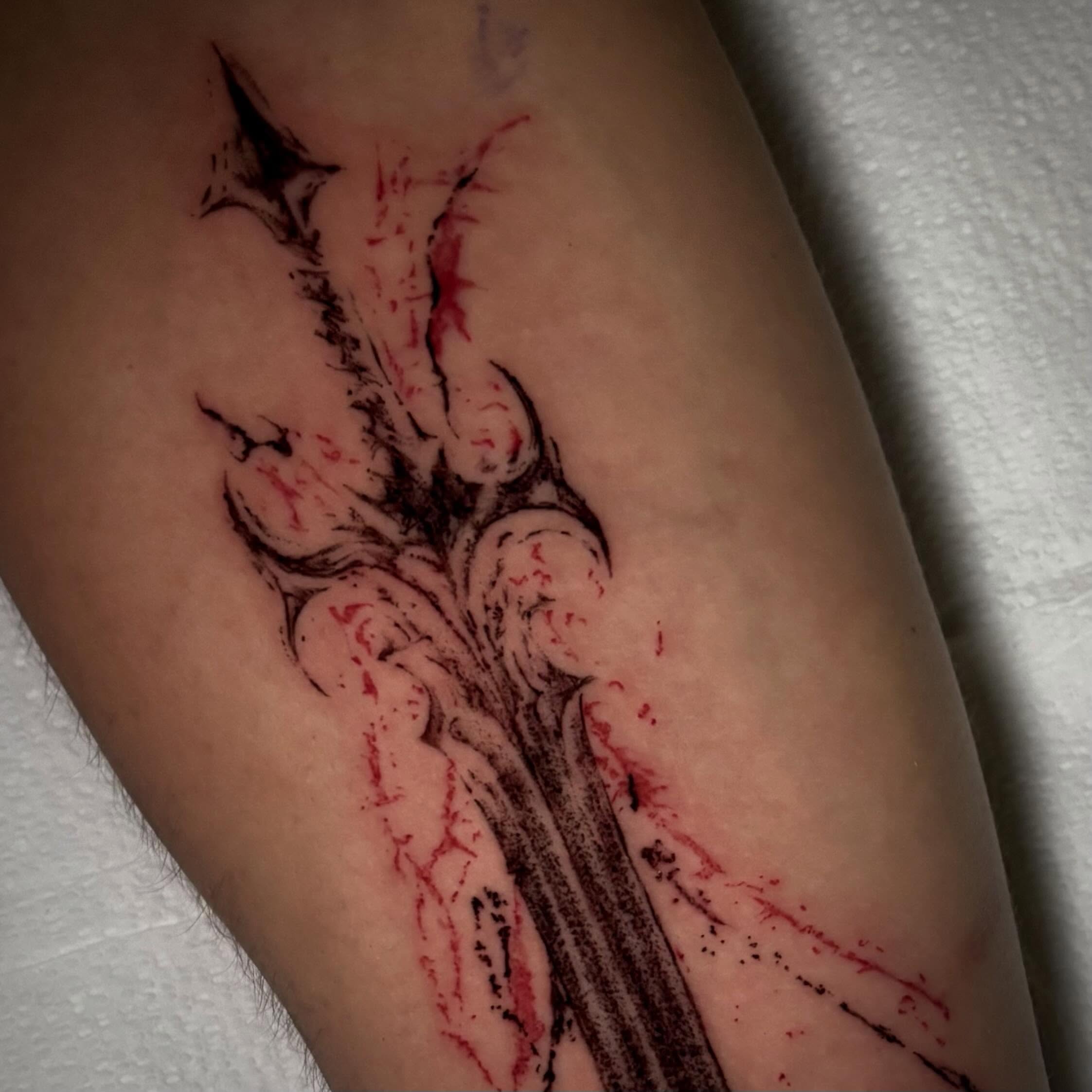 Tree black and grey tattoo on the forearm by unknown liquids tattoo
