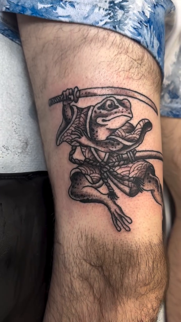 Samurai frog with swords American traditional tattoo on the forearm by Michael Roehrich (MEECH!)