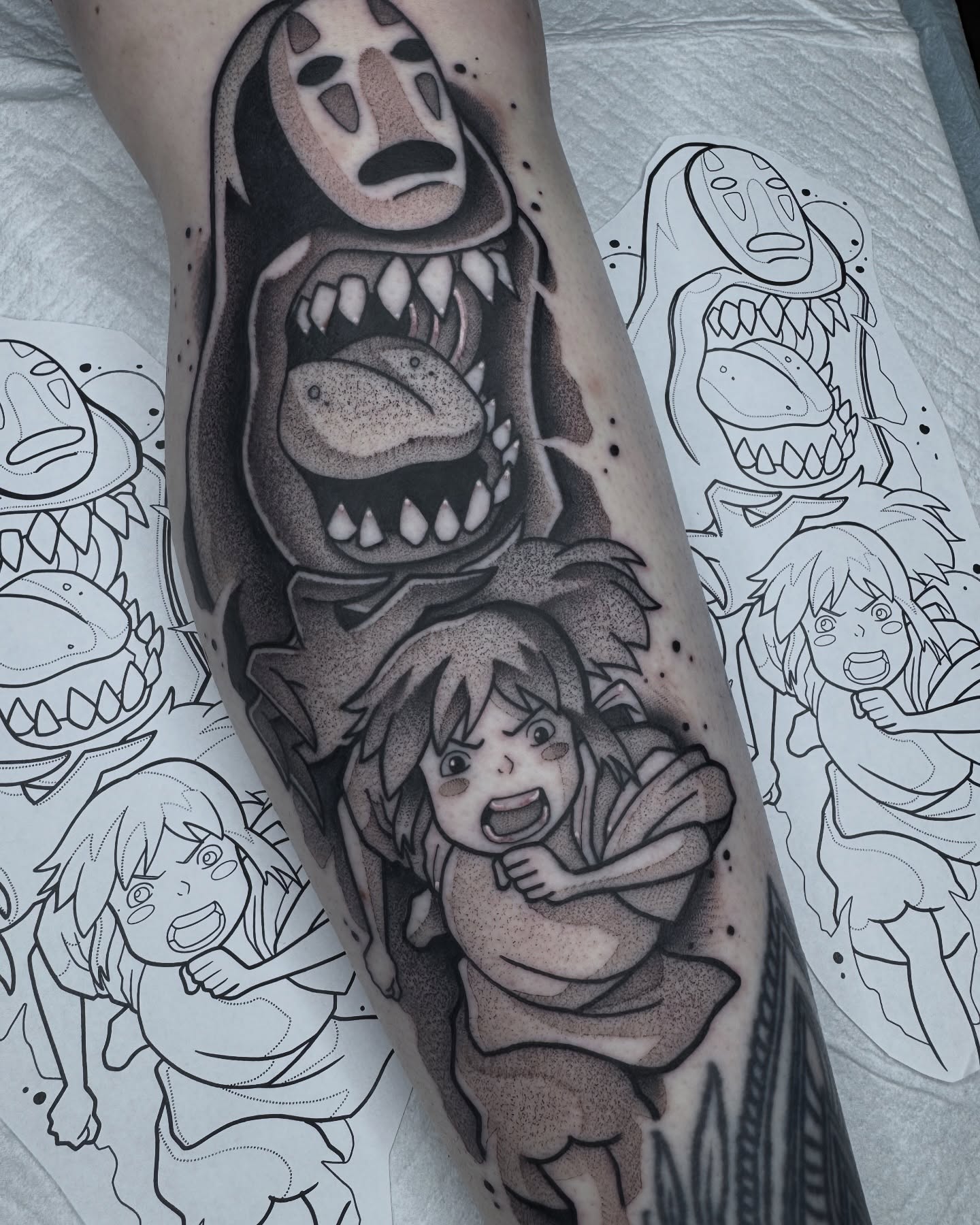Spirited away dotwork tattoo on the forearm by Donnie Moore