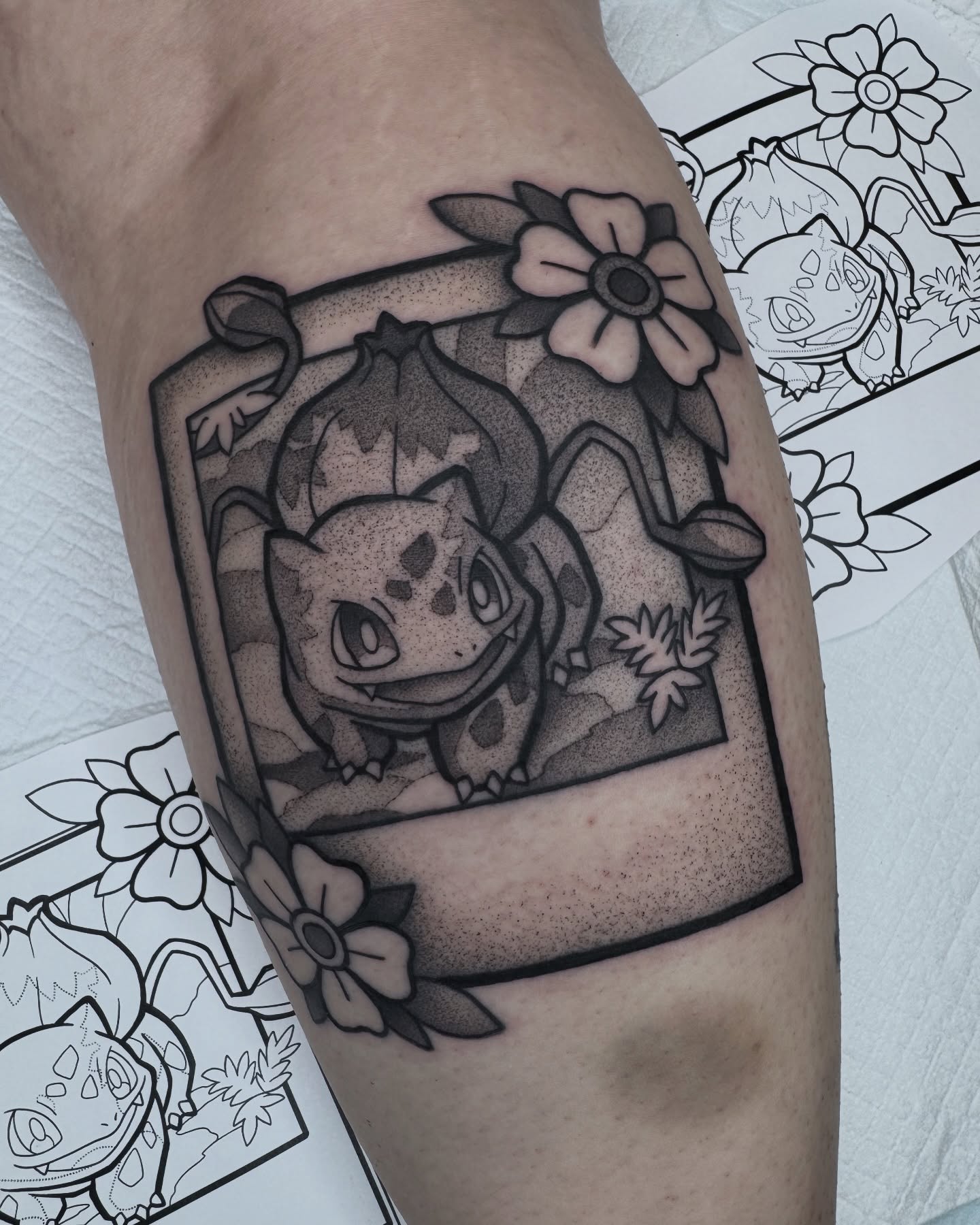 Bulbasaur dotwork tattoo on the forearm by Donnie Moore