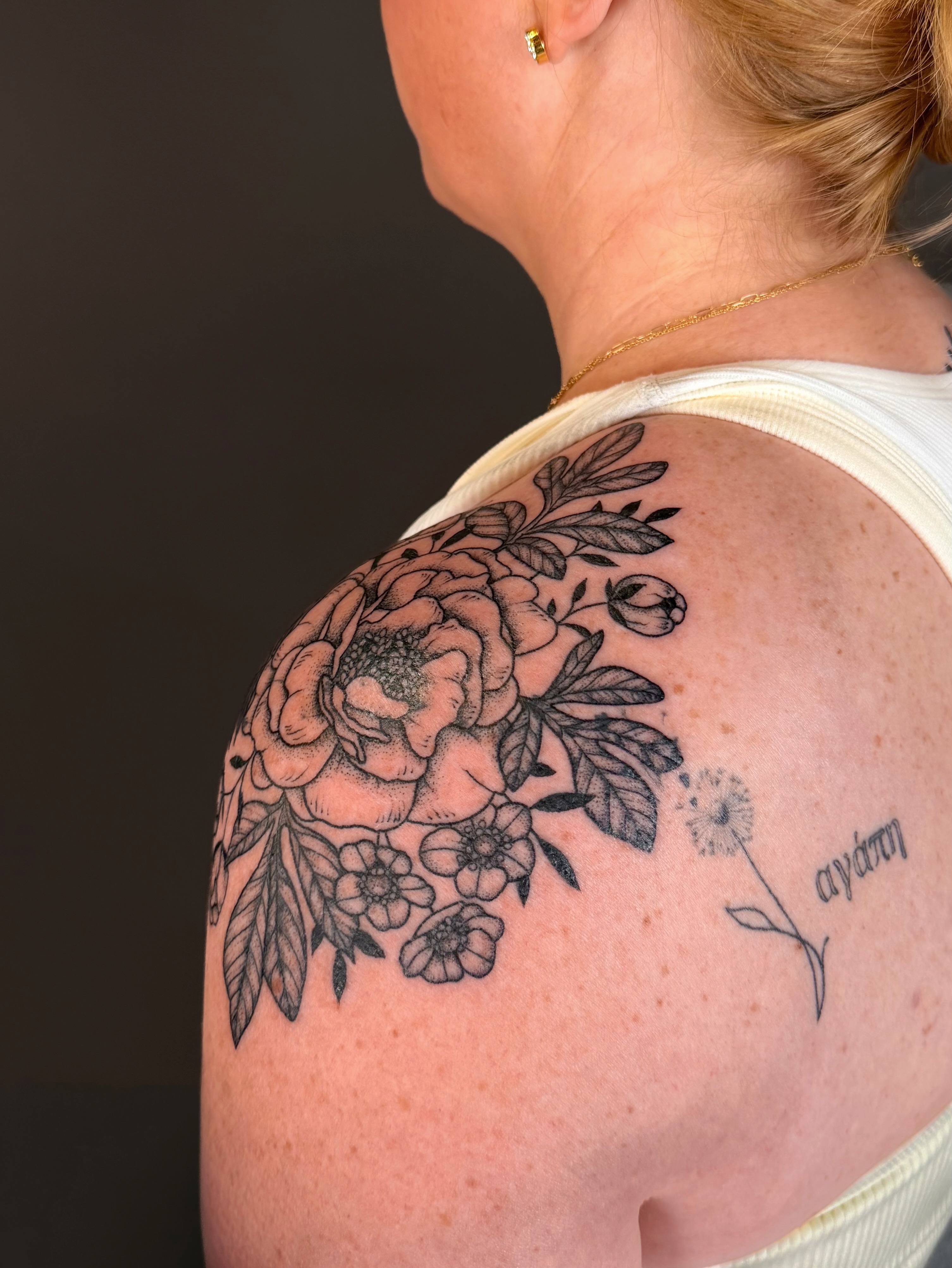 Floral bouquet black and grey tattoo on the shoulder by Hannah, Portland, Oregon