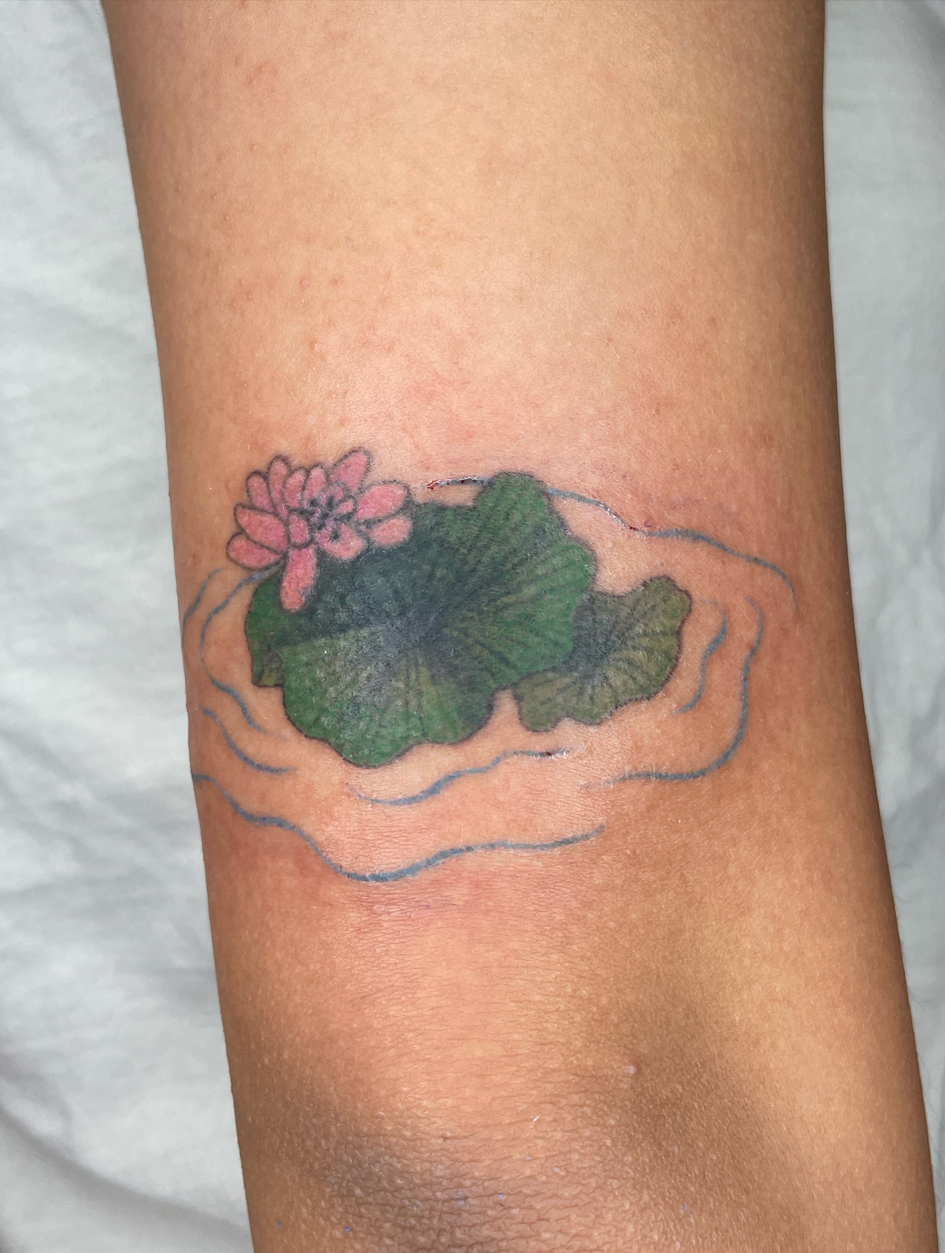 Lotus flower watercolor tattoo on the forearm by cait