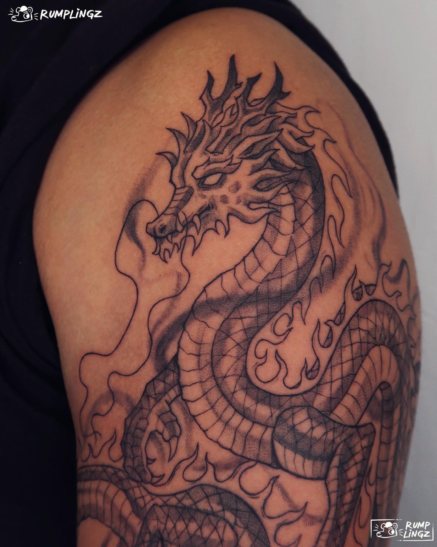 Dragon black and grey tattoo on the shoulder by 💗Rin tattoos💗