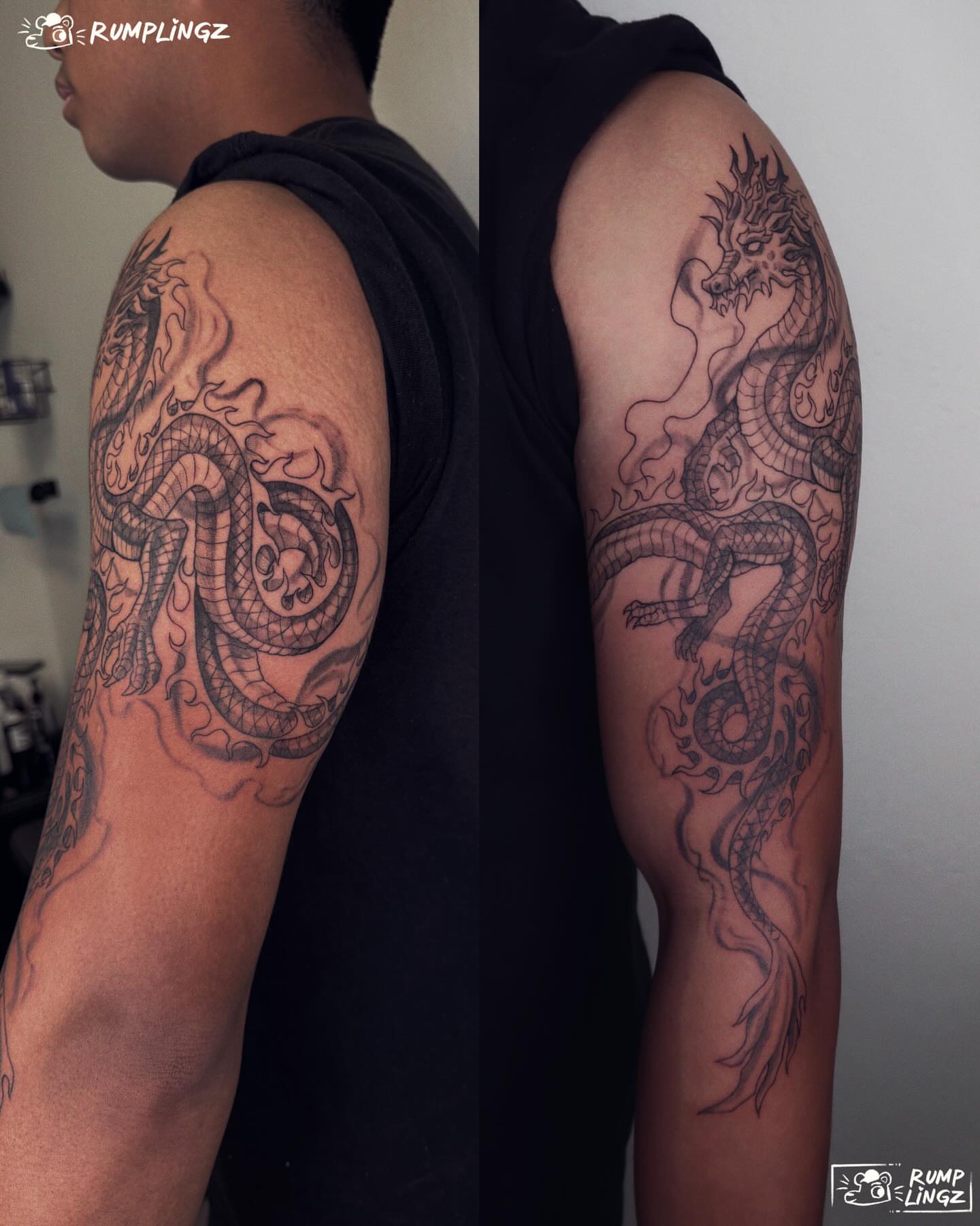 Dragon black and grey tattoo on the upper arm by 💗Rin tattoos💗