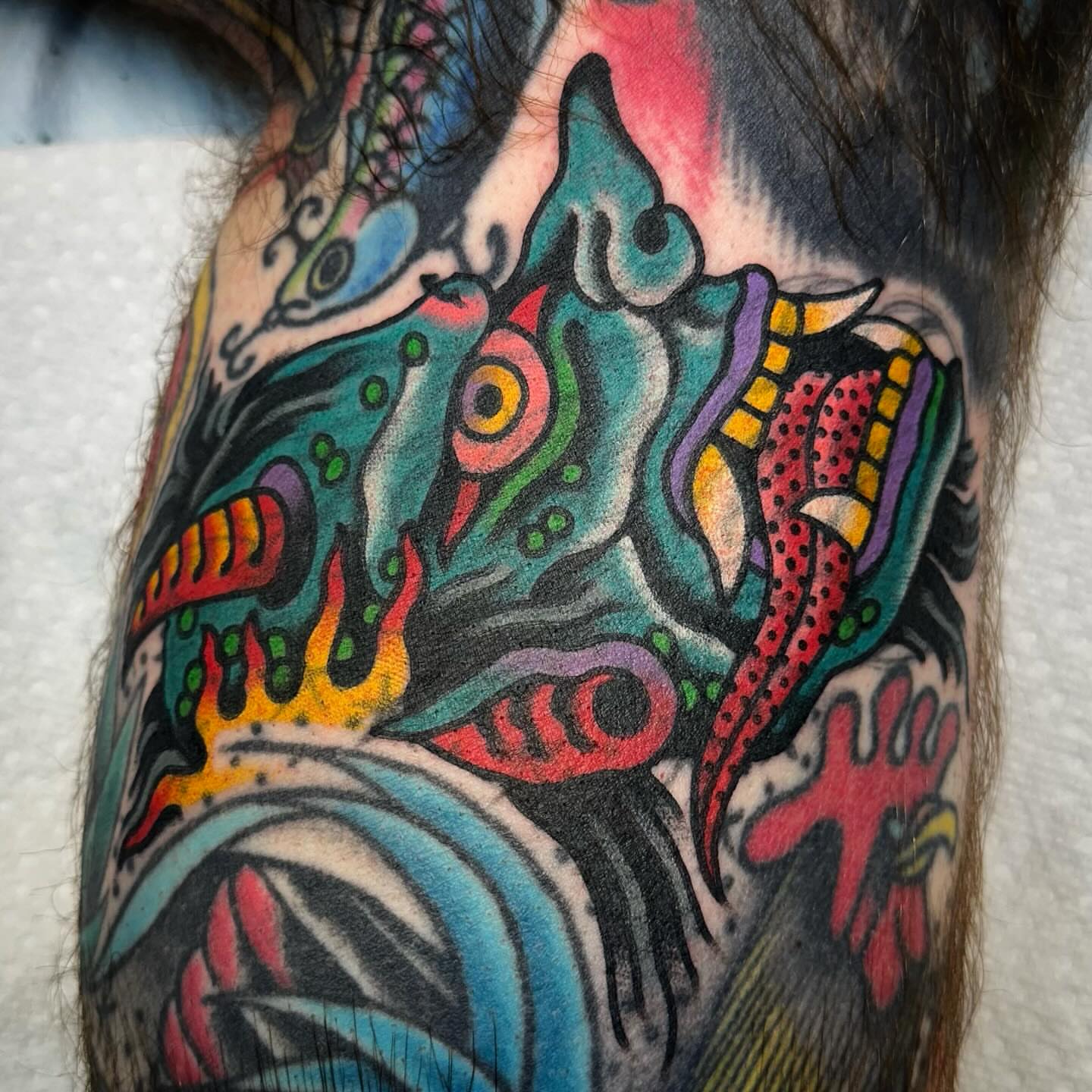 Abstract mask Chicano tattoo on the forearm by Nathan Rohrbacher, Nashville, Tennessee